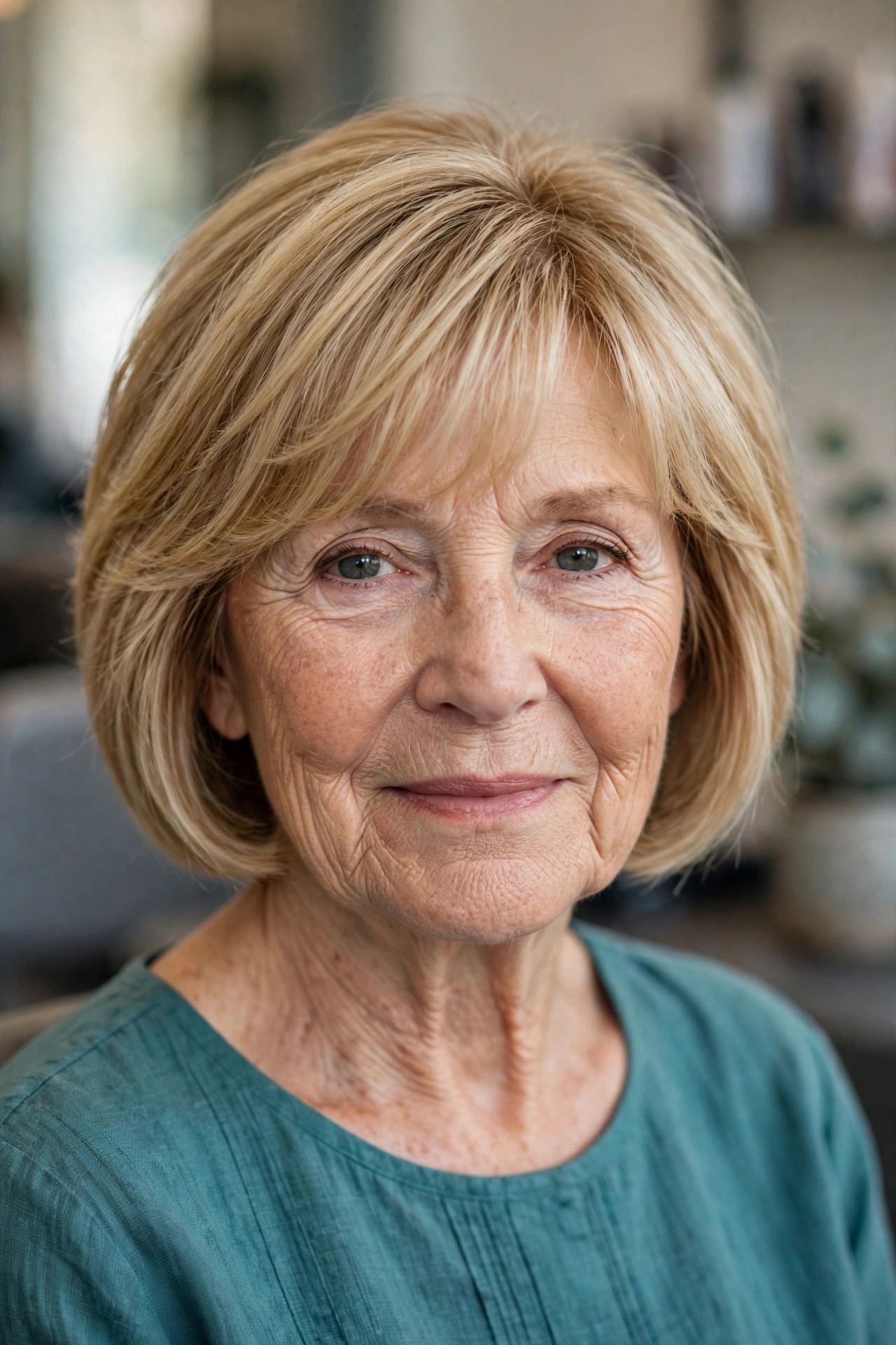Feathered Bangs with a Layered Bob - bob with bangs for a woman over 60