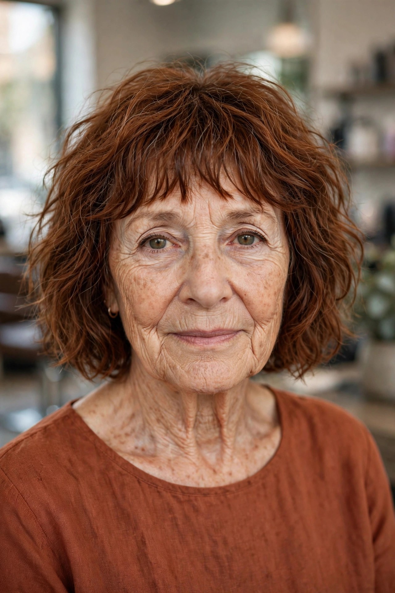 Choppy Bangs with a Messy Wavy Bob - bob with bangs for a woman over 60