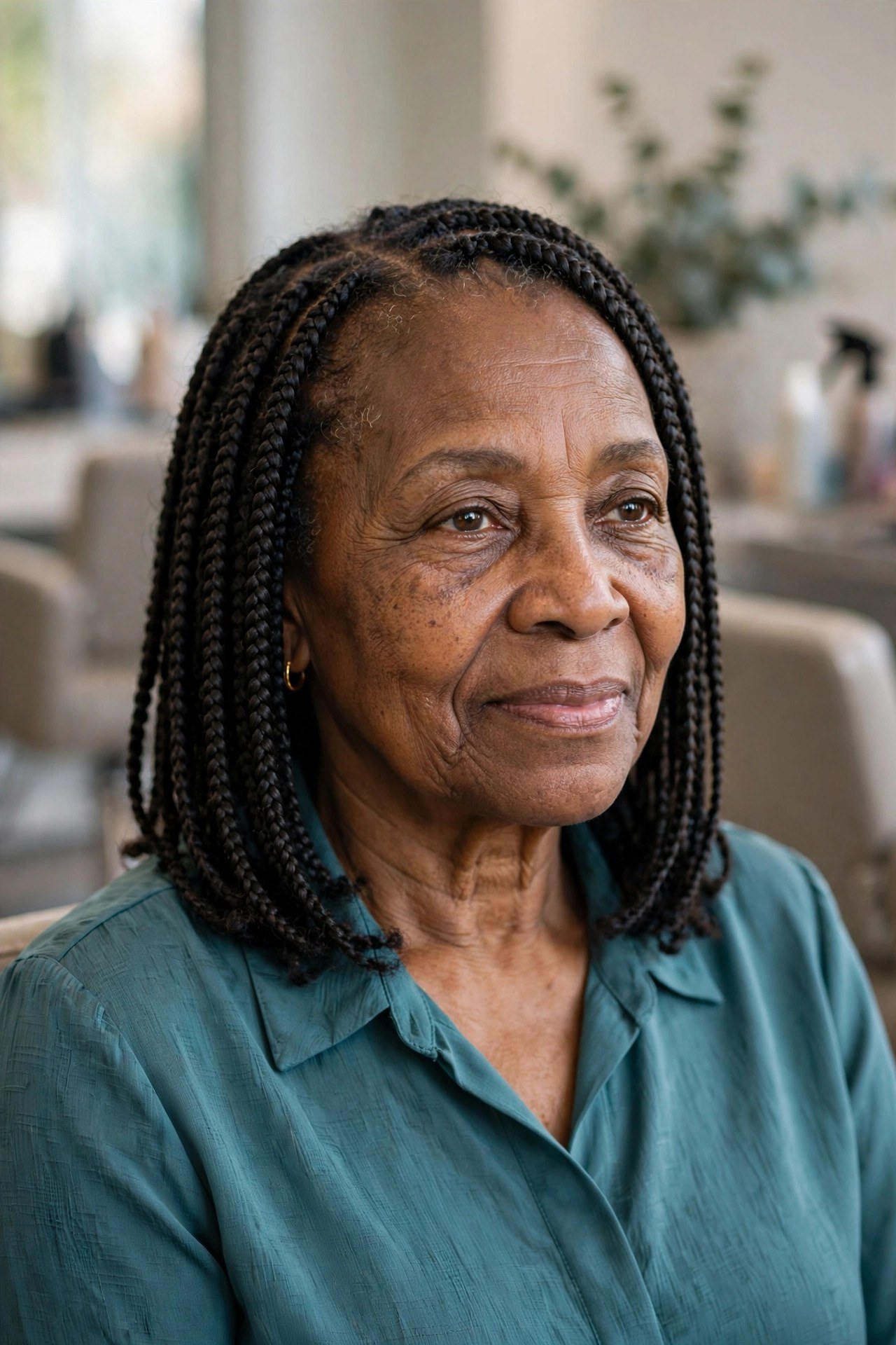 Medium Knotless Box Braids at Shoulder Length - braided hairstyle for a Black woman over 60, gentle on hair