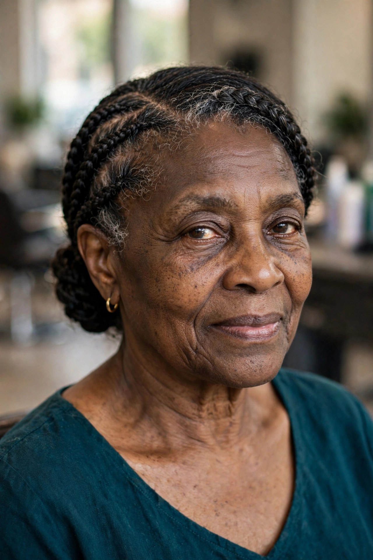 Side-Swept Cornrows into a Low Bun - braided hairstyle for a Black woman over 60, gentle on hair