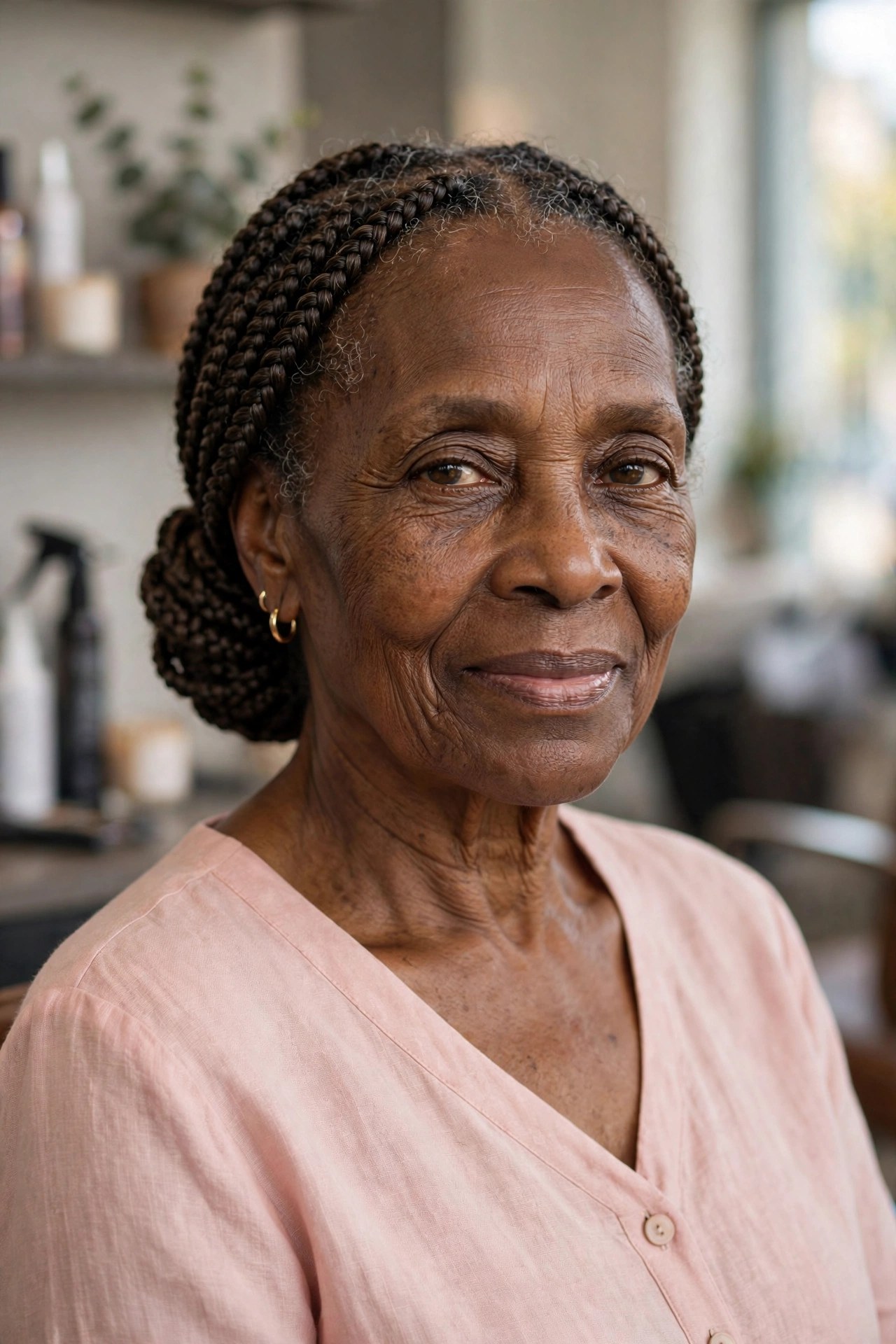 Low Braided Bun from Medium Box Braids - braided hairstyle for a Black woman over 60, gentle on hair