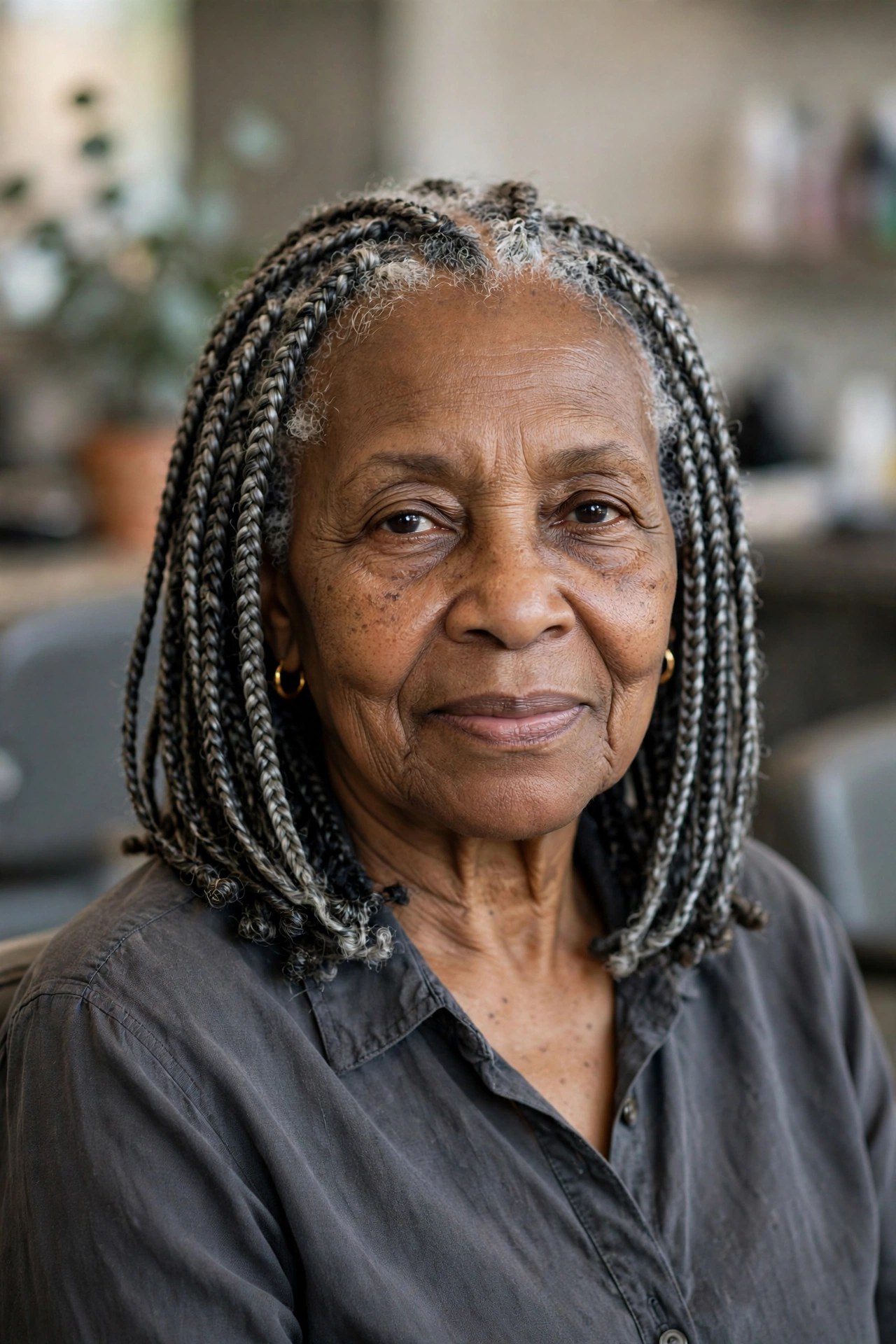 Salt-and-Pepper Box Braids - braided hairstyle for a Black woman over 60, gentle on hair