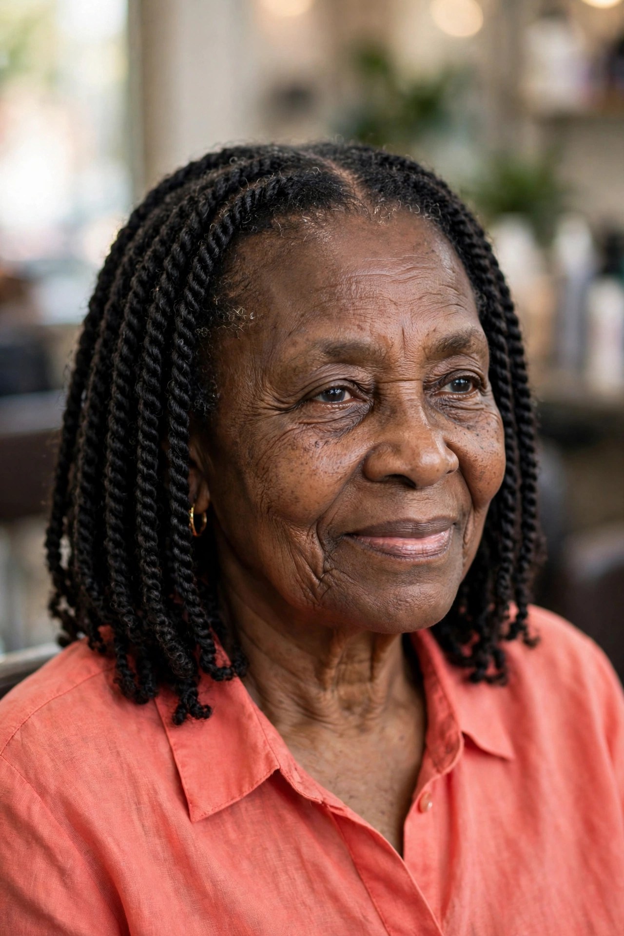 Medium Senegalese Rope Twists - braided hairstyle for a Black woman over 60, gentle on hair