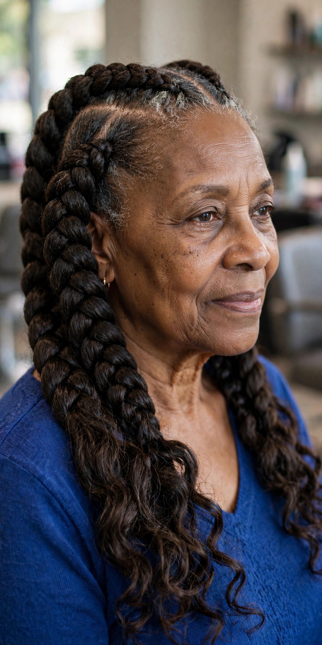 Large Goddess Braids with Loose Curly Ends - braided hairstyle for a Black woman over 60, gentle on hair