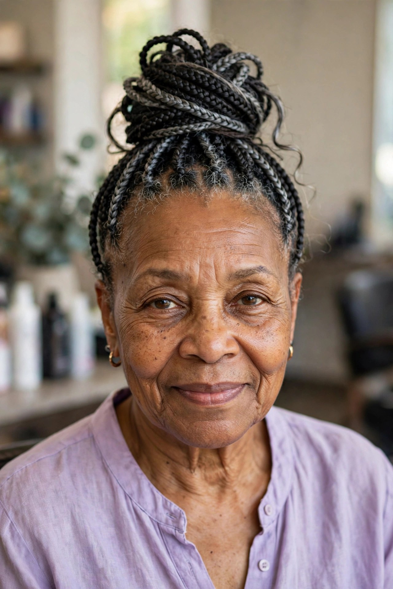 Braided Top-Knot Bun in Black and Silver - braided hairstyle for a Black woman over 60, gentle on hair