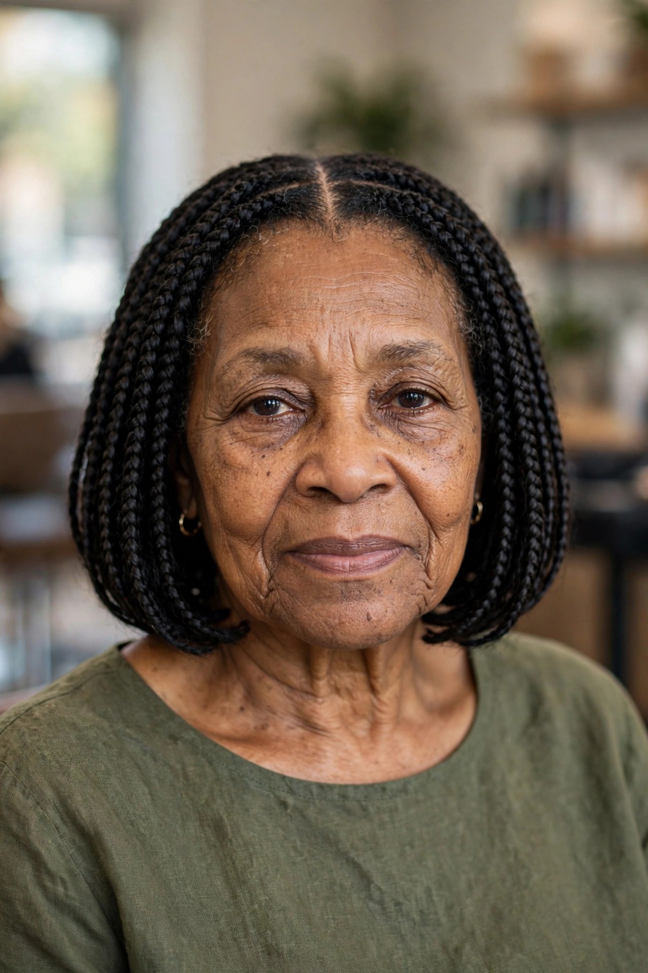 Chin-Length Braided Bob with a Center Part - braided hairstyle for a Black woman over 60, gentle on hair