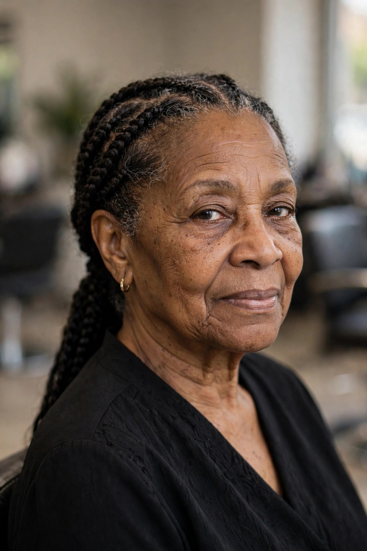 Cornrow Ponytail with a Loose, Comfortable Base - braided hairstyle for a Black woman over 60, gentle on hair