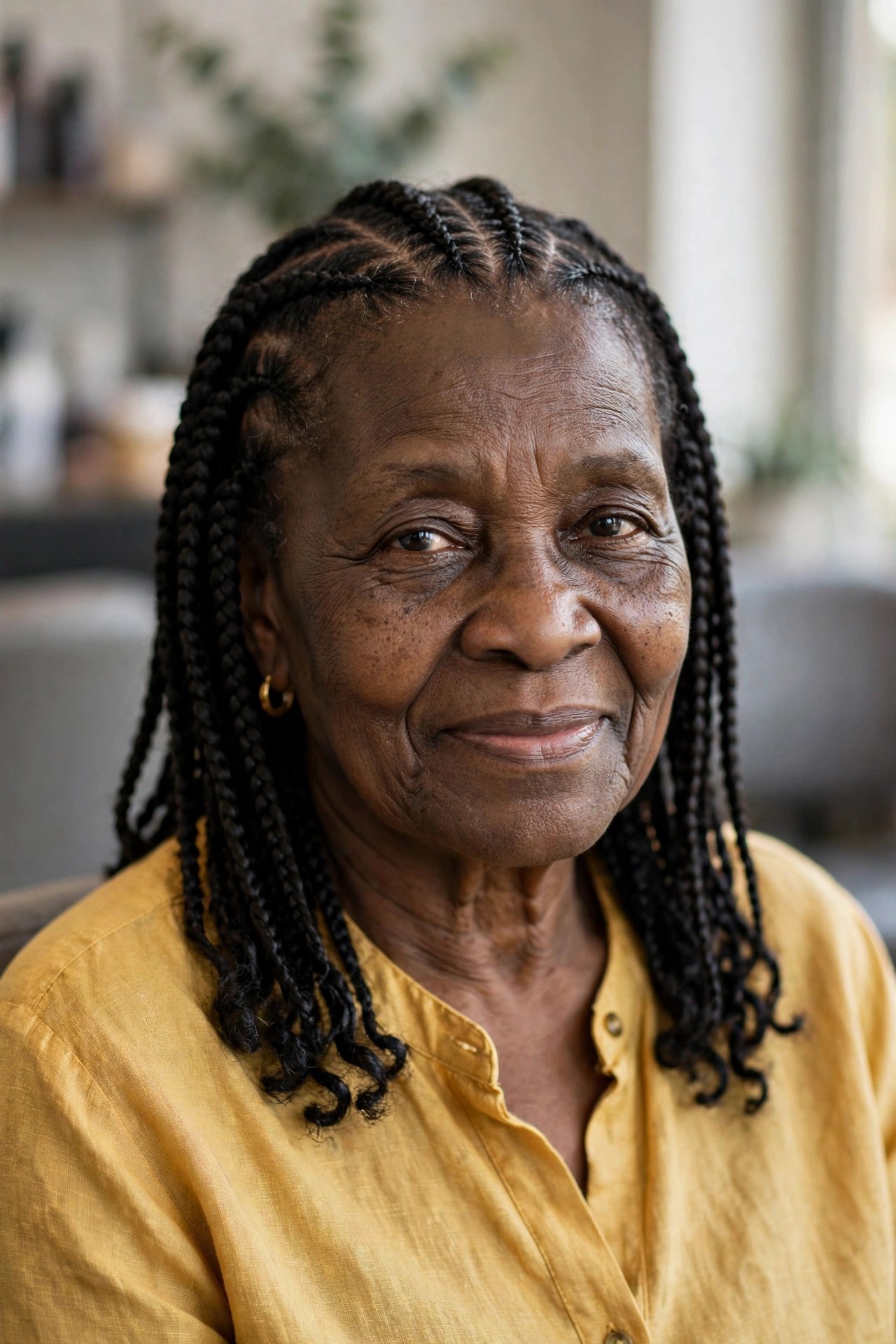 Fulani-Inspired Braids with Soft Parts - braided hairstyle for a Black woman over 60, gentle on hair