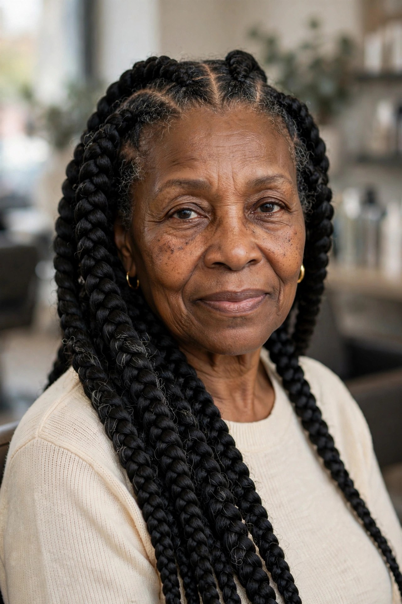 Large Knotless Braids with Wide, Comfortable Parts - braided hairstyle for a Black woman over 60, gentle on hair