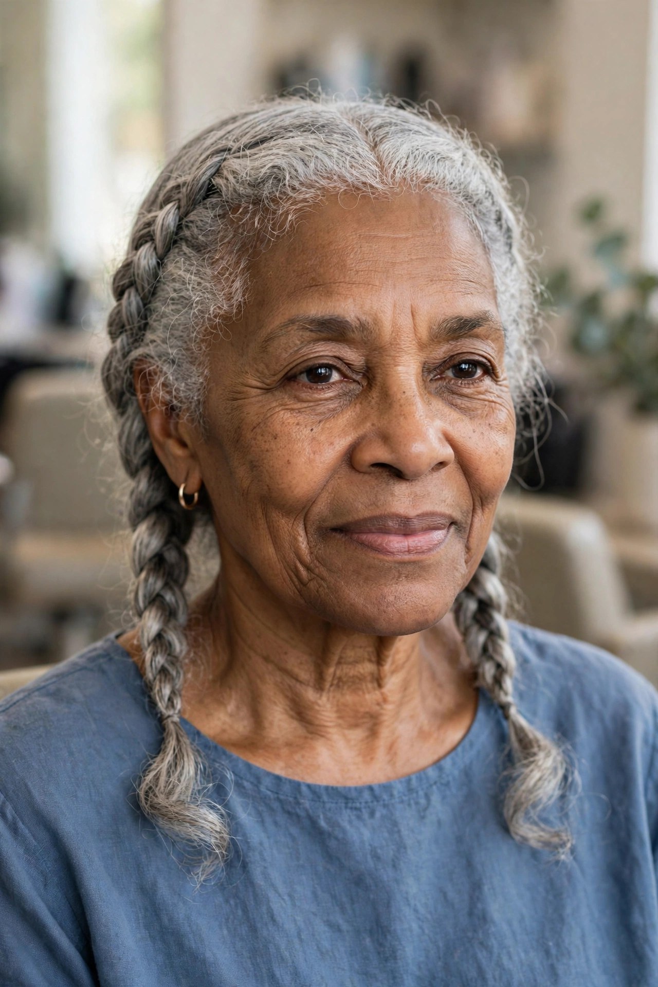 Two Gentle Silver French Braids - braided hairstyle for a Black woman over 60, gentle on hair