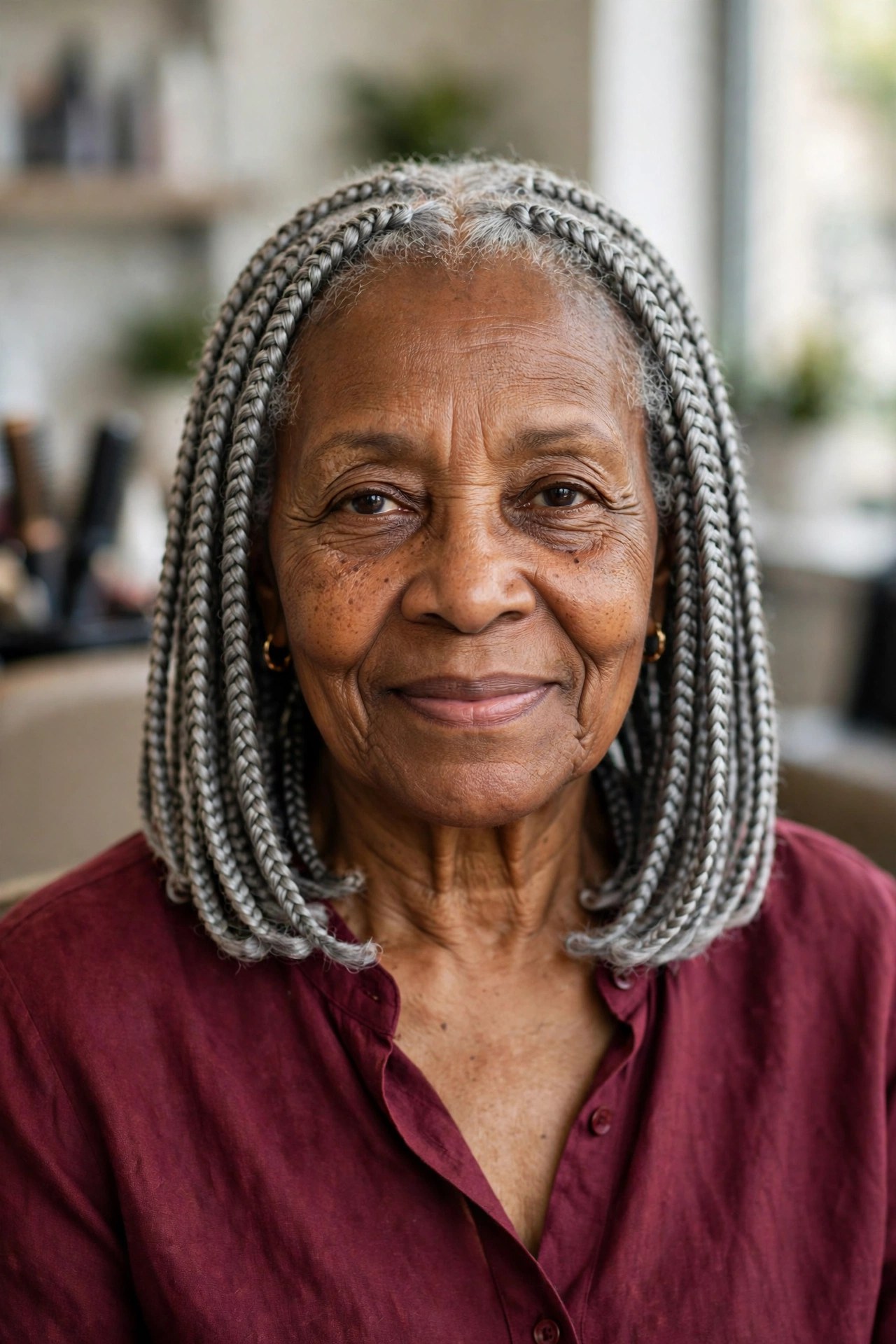 Silver-Gray Knotless Braids - braided hairstyle for a Black woman over 60, gentle on hair