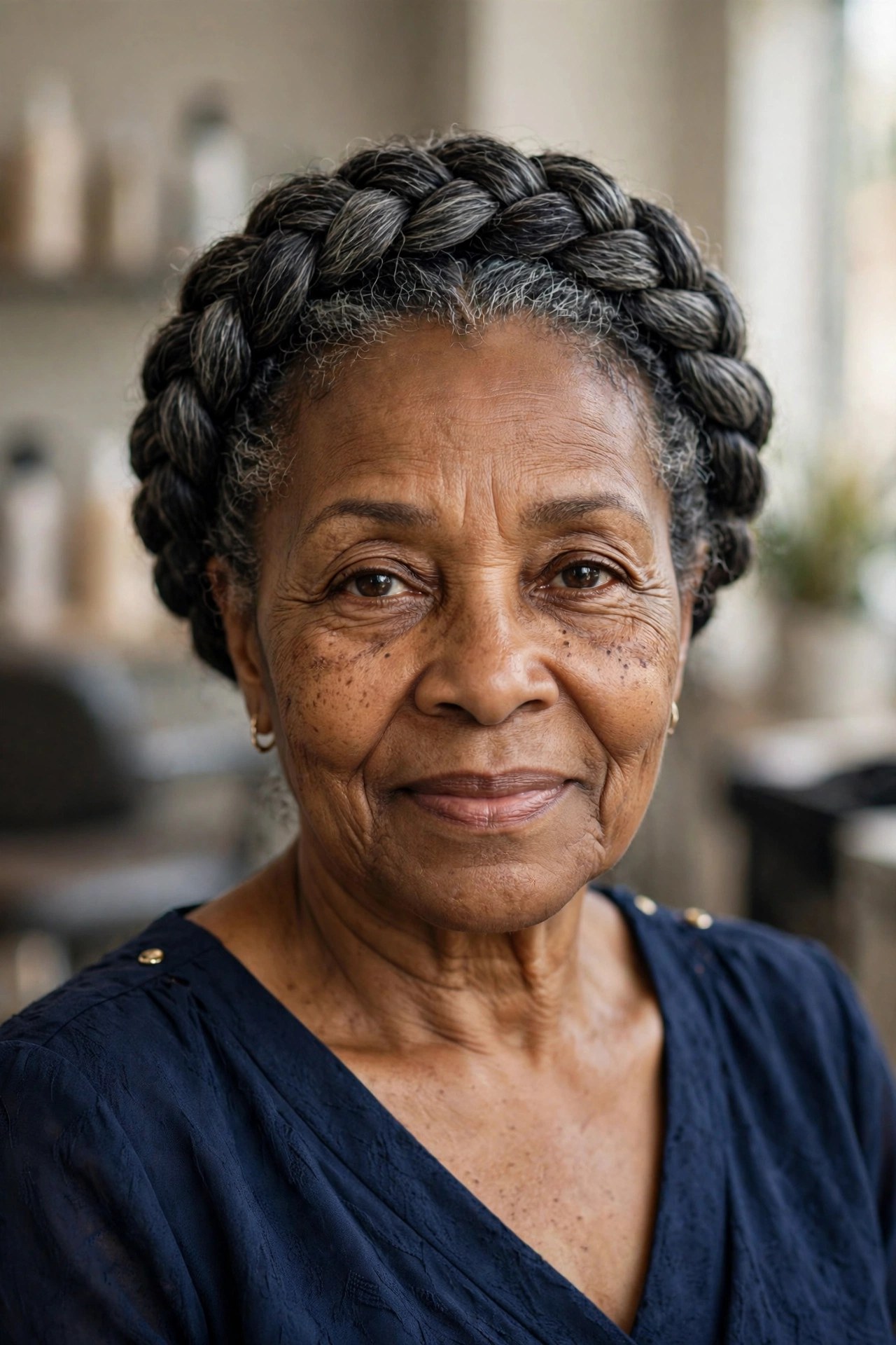 Braided Crown Halo Updo - braided hairstyle for a Black woman over 60, gentle on hair