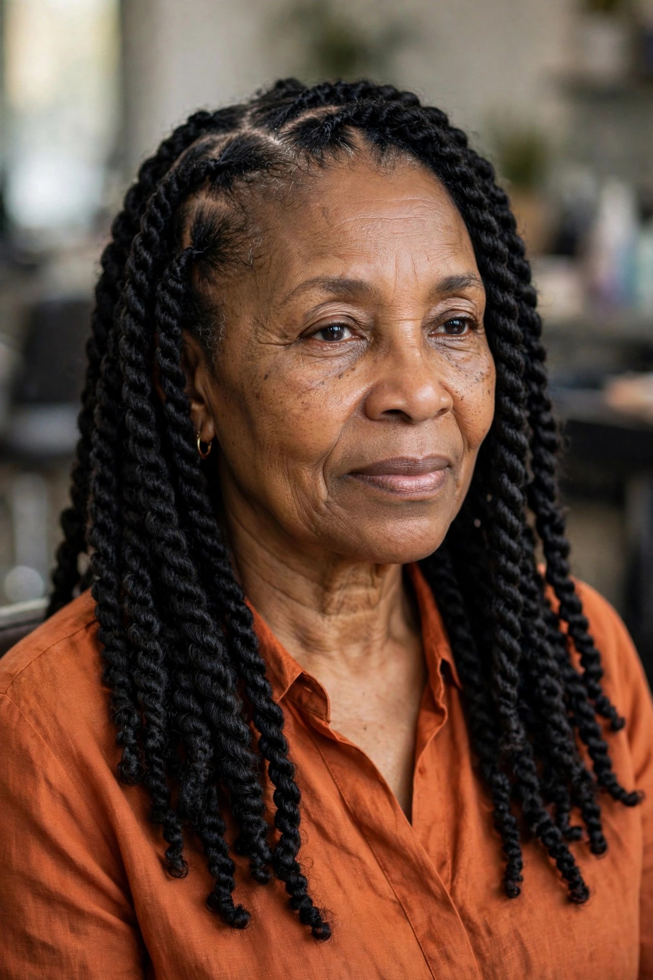 Lightweight Jumbo Senegalese Twists - braided hairstyle for a Black woman over 60, gentle on hair