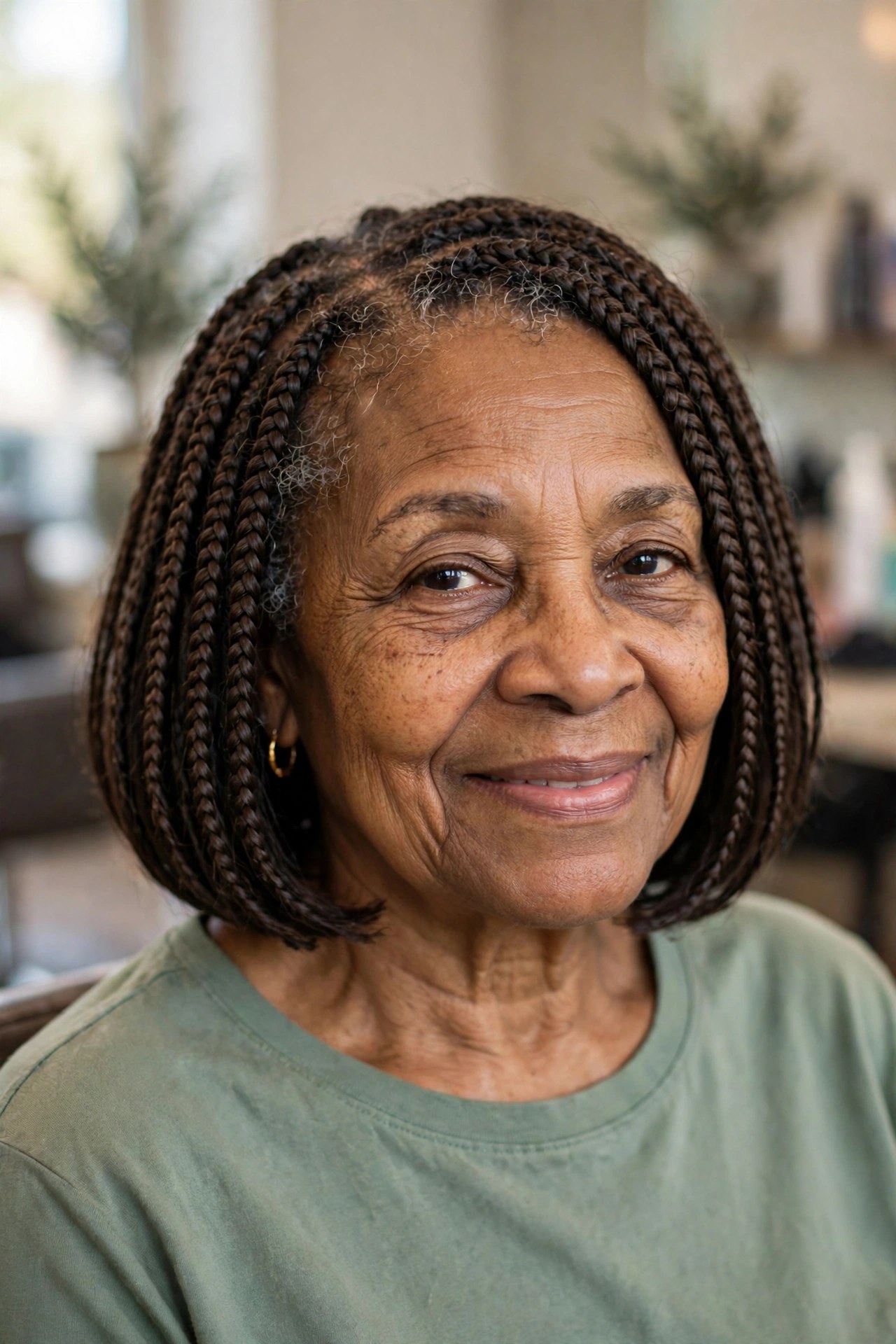 Bob-Length Box Braids - braided hairstyle for a Black woman over 60, gentle on hair