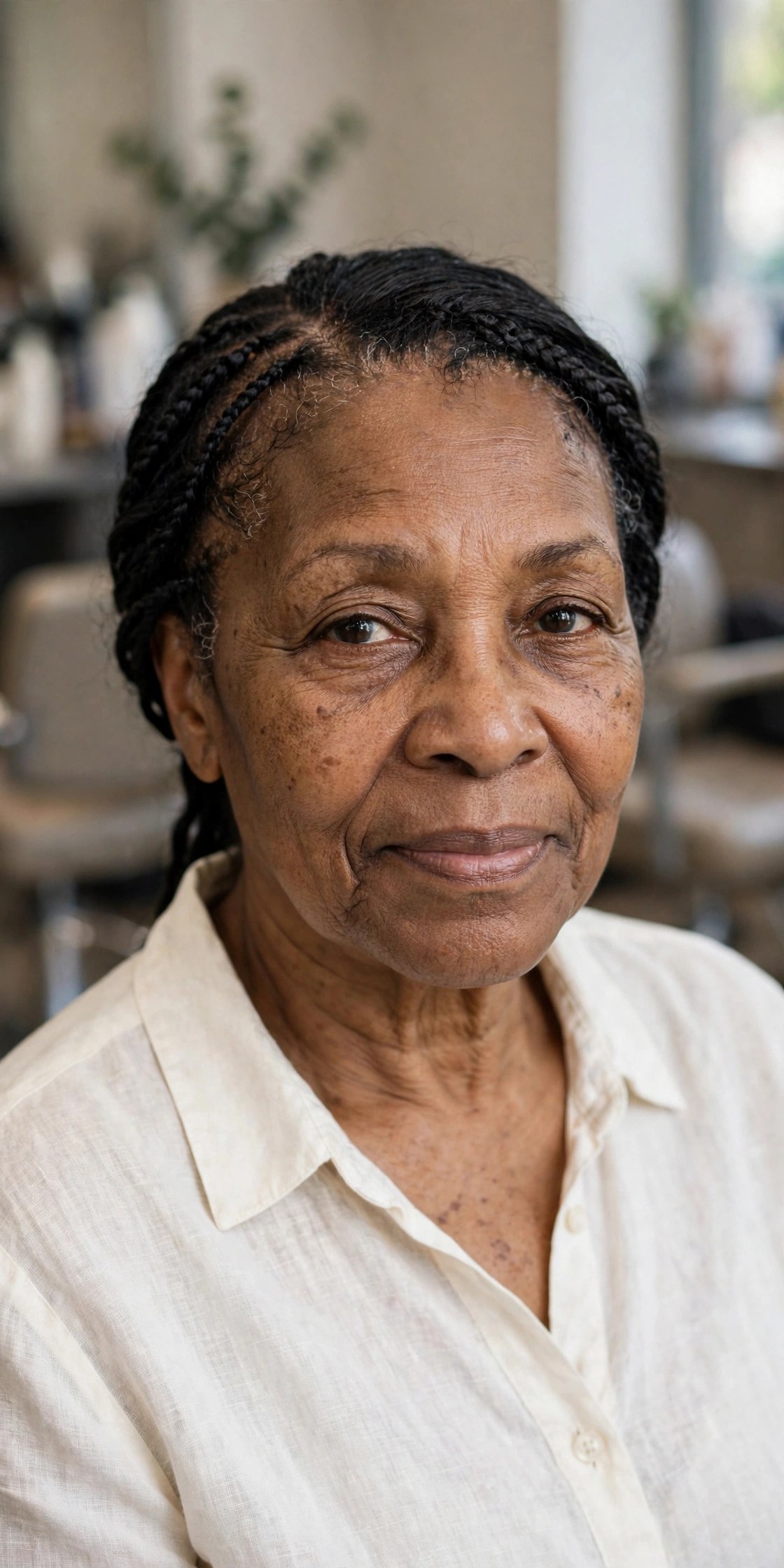 Feed-In Braids with a Soft, Gradual Start - braided hairstyle for a Black woman over 60, gentle on hair