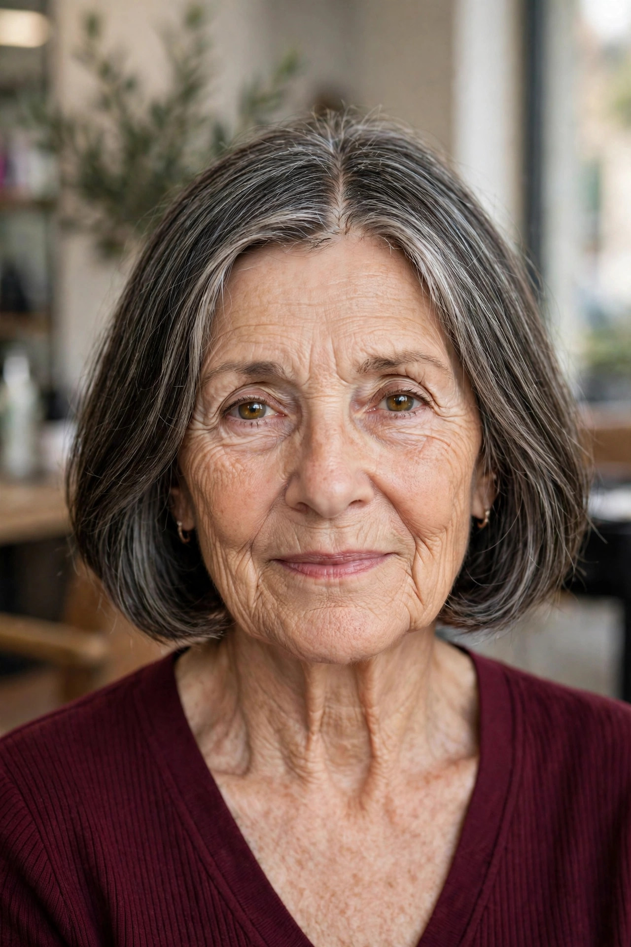 Salt-and-Pepper French Bob with a Center Part - French bob haircut on a woman over 60