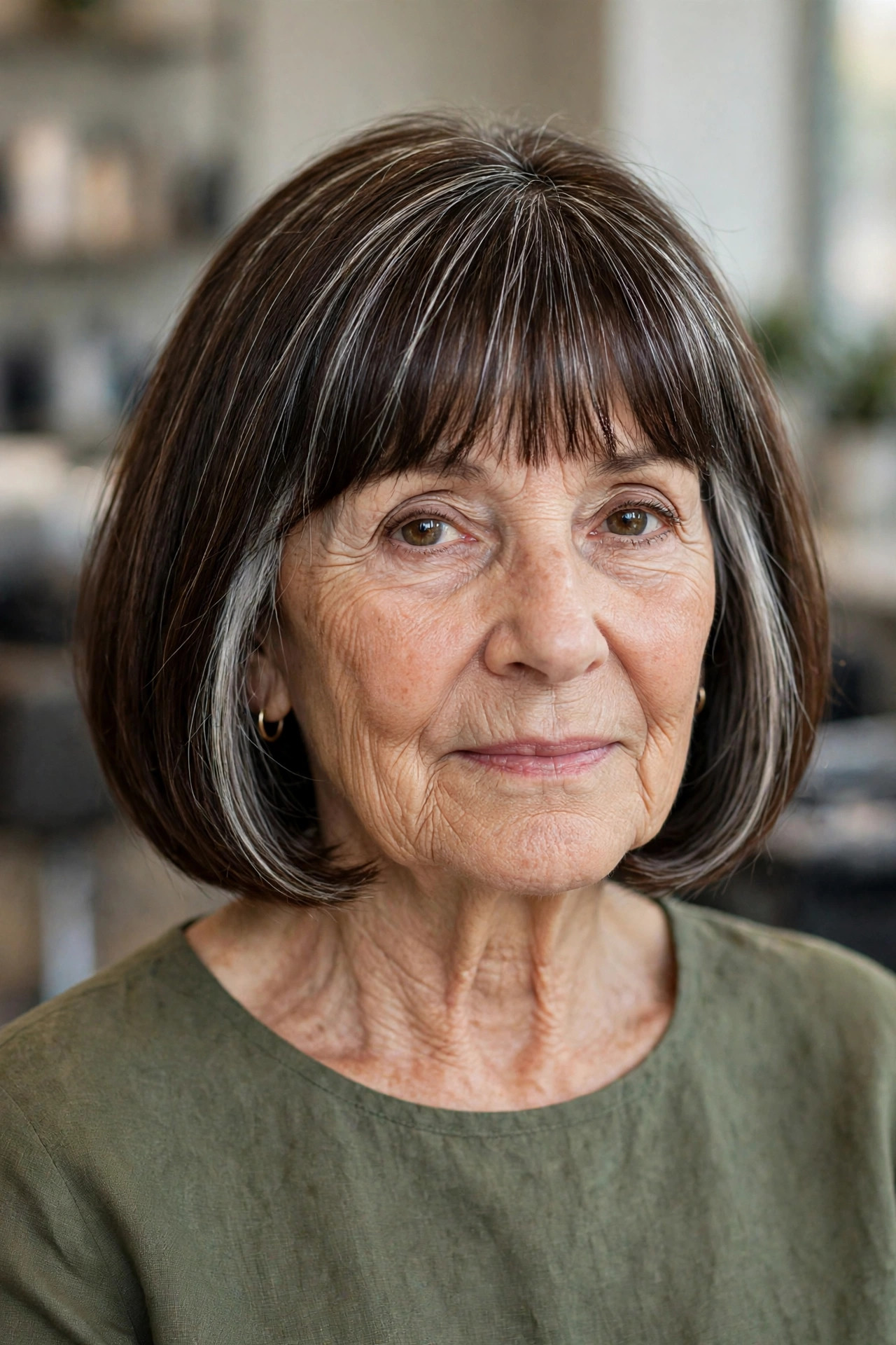Glossy Brunette French Bob with Silver Face-Framing Strands - French bob haircut on a woman over 60