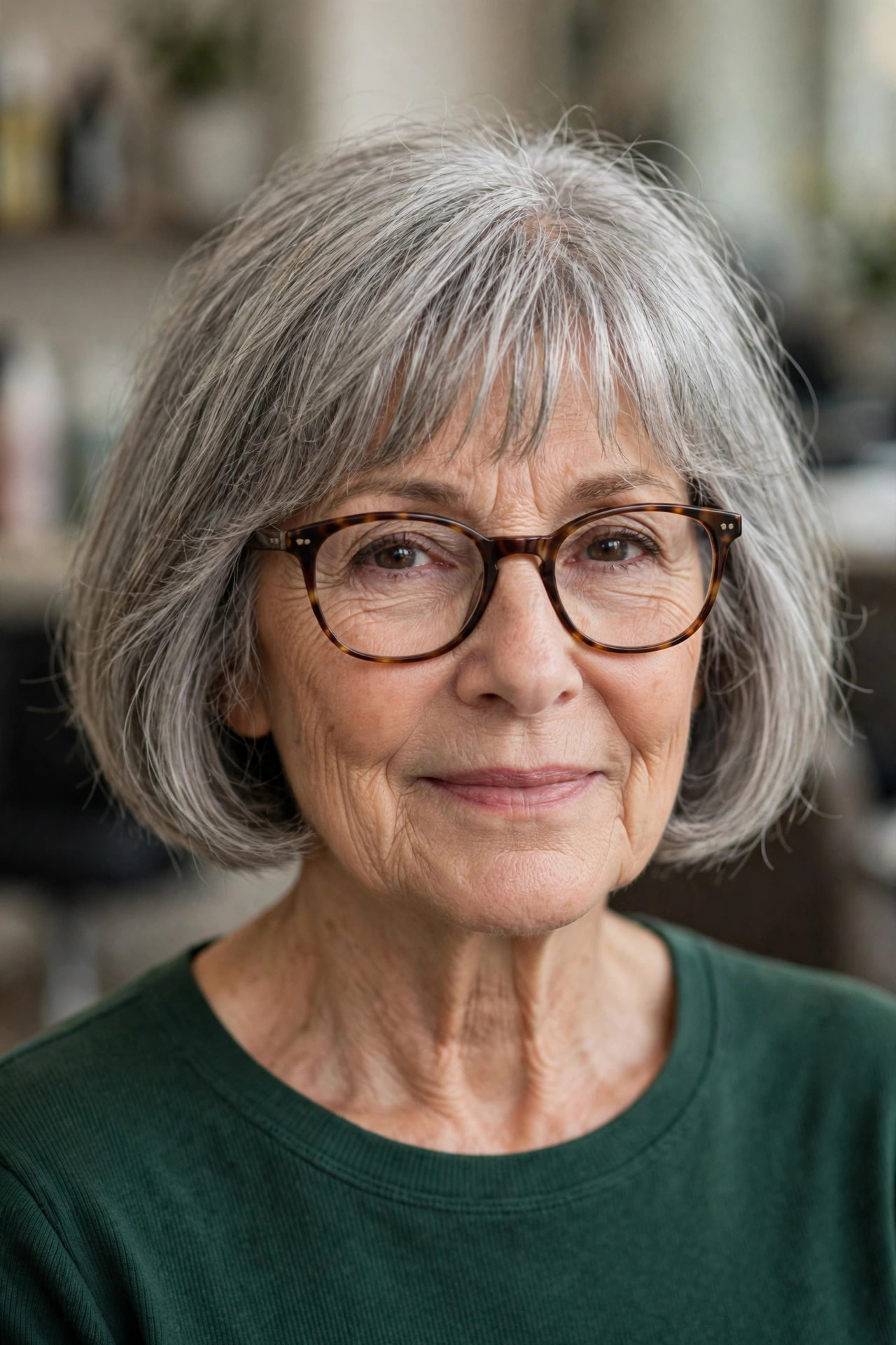 French Bob with Glasses and a Soft Fringe - French bob haircut on a woman over 60