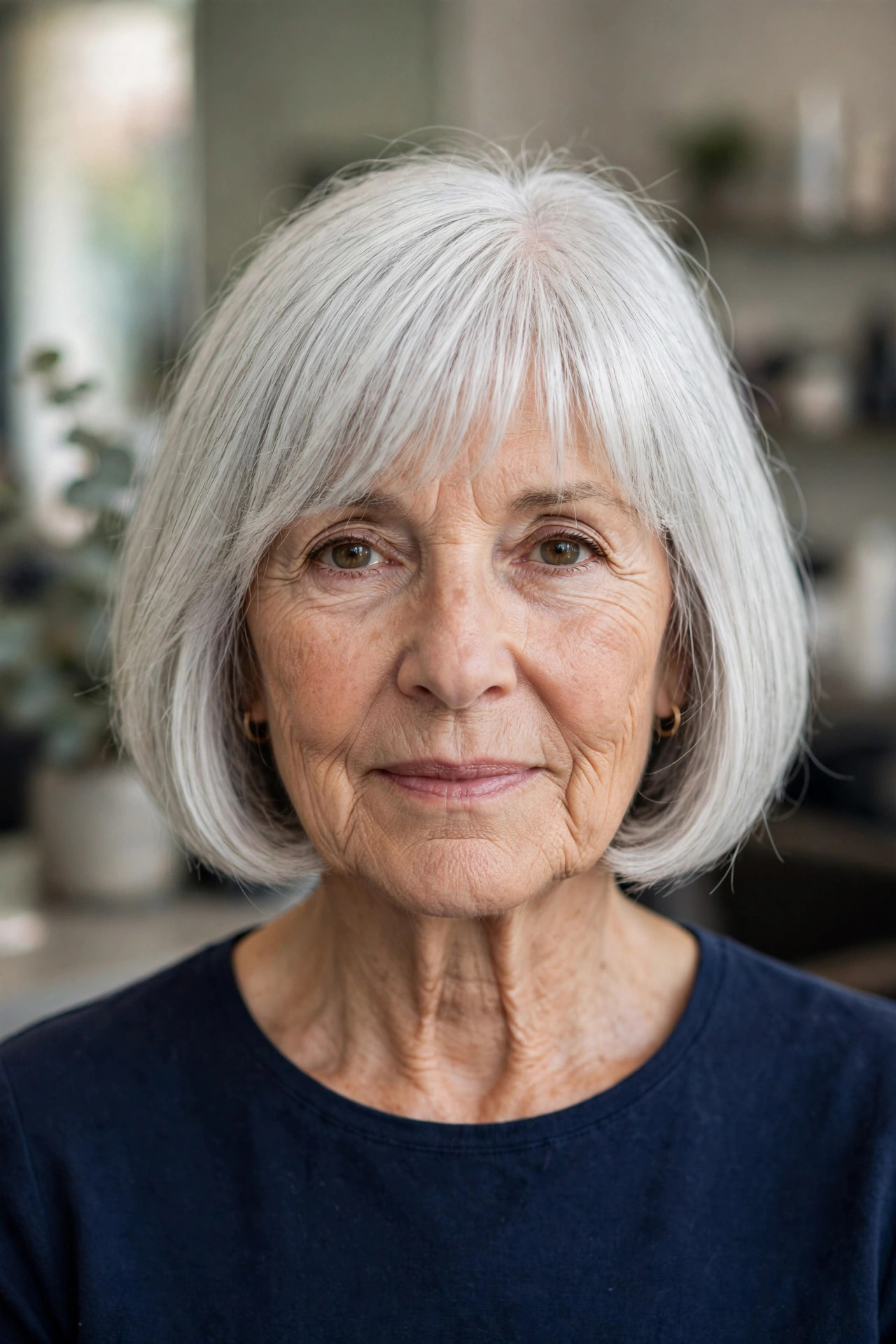 Silver French Bob with Blunt, Curved-Under Ends - French bob haircut on a woman over 60