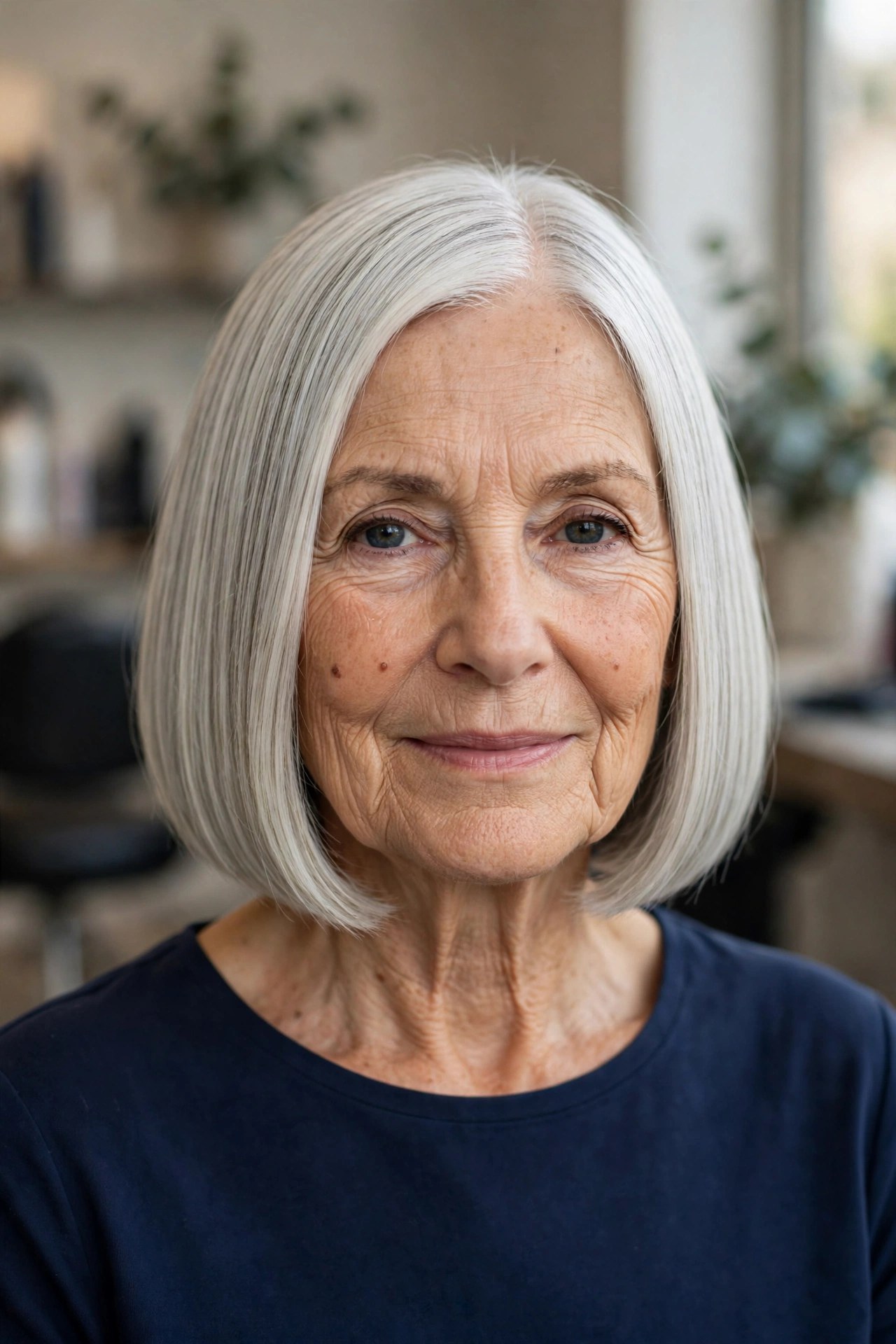 Classic Sleek Chin-Length Bob with a Center Part on a woman over 60 - chin length bob haircut