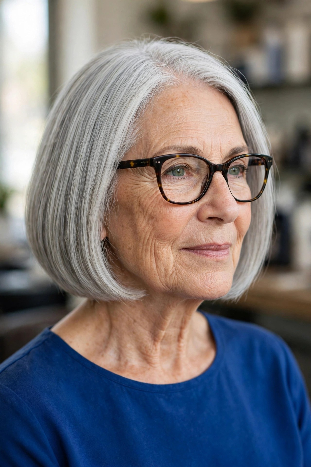 Chin-Length Bob Styled for Glasses on a woman over 60 - chin length bob haircut