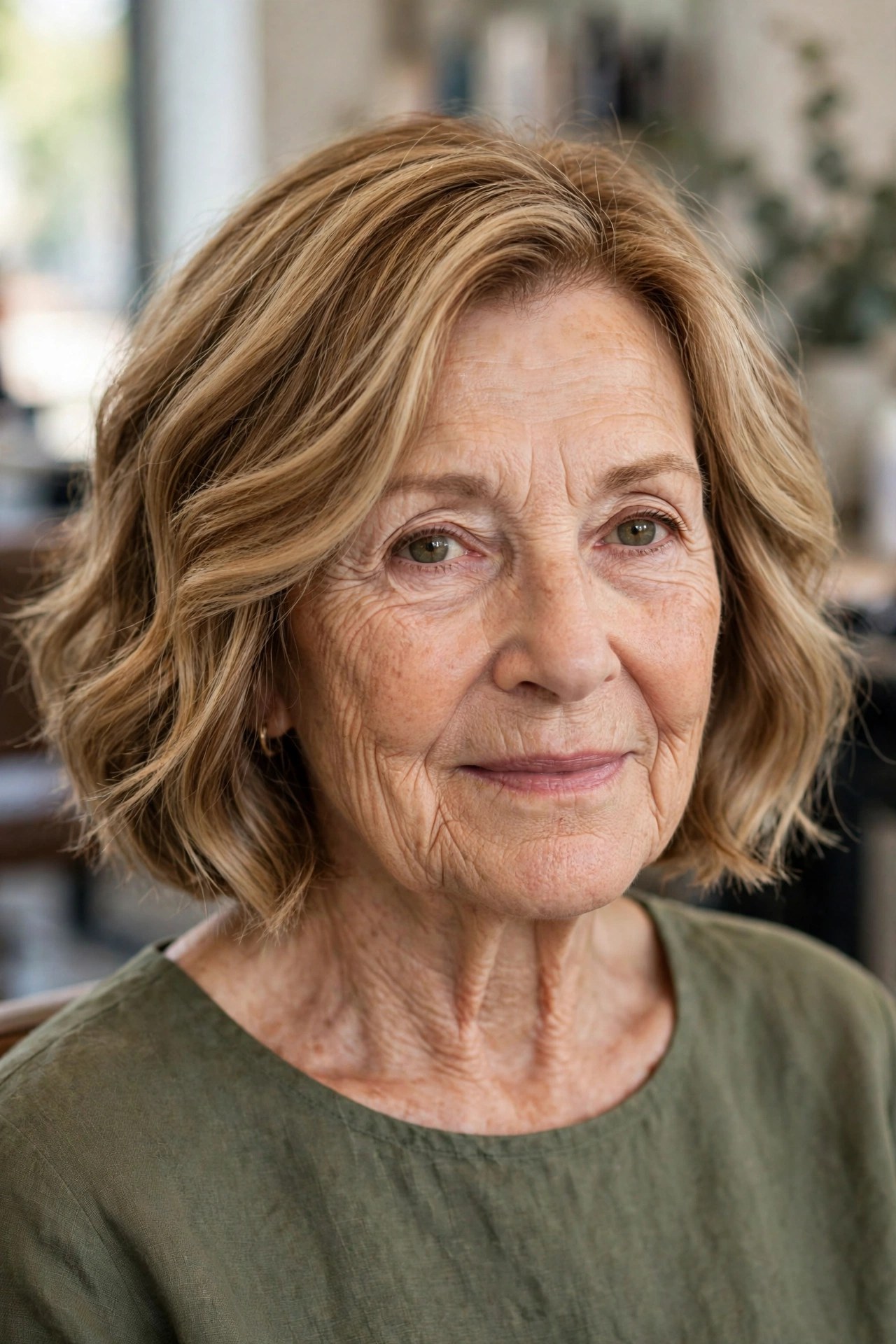 Honey Blonde Chin-Length Bob with Lowlights on a woman over 60 - chin length bob haircut