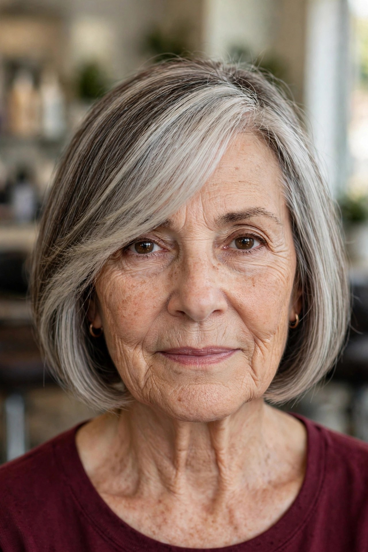 Chin-Length Bob with Long Side-Swept Bangs on a woman over 60 - chin length bob haircut