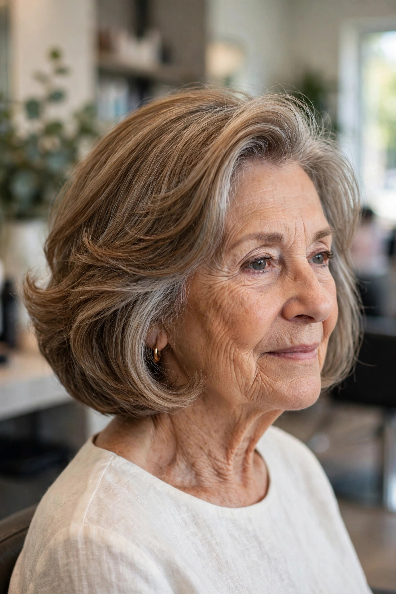 Glossy Blowout Chin-Length Bob on a woman over 60 - chin length bob haircut