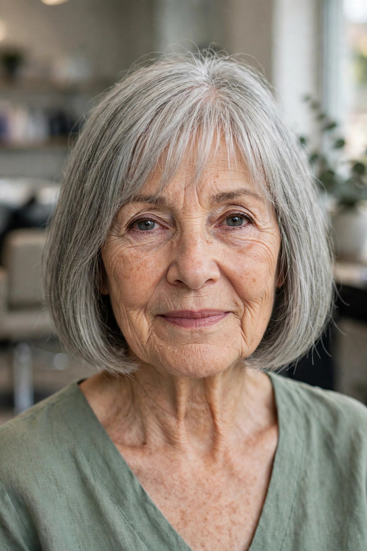 Chin-Length Bob with Wispy Bangs on a woman over 60 - chin length bob haircut