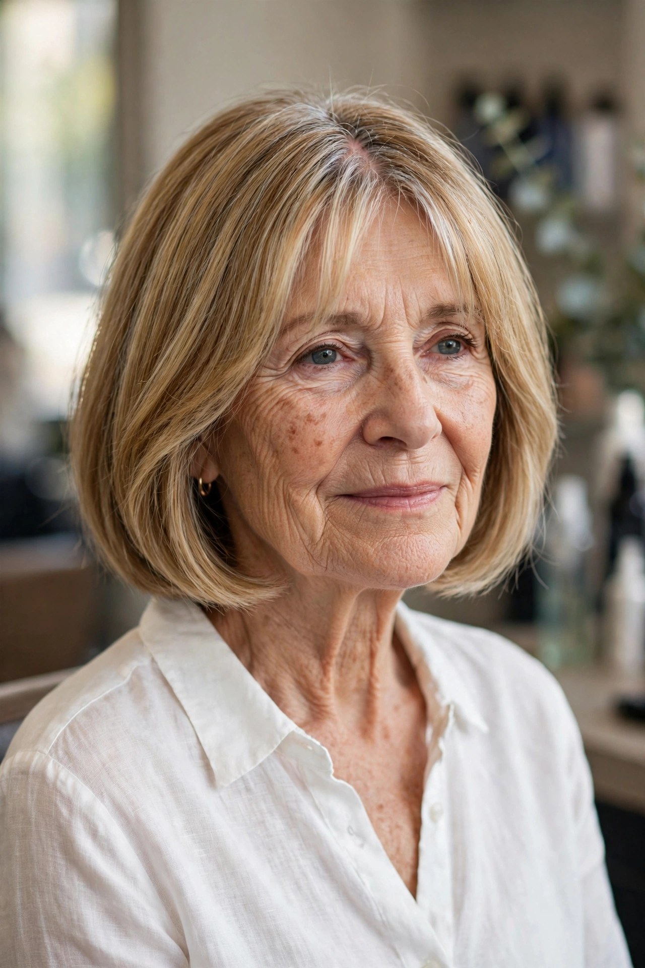 Chin-Length Bob with Curtain Bangs on a woman over 60 - chin length bob haircut