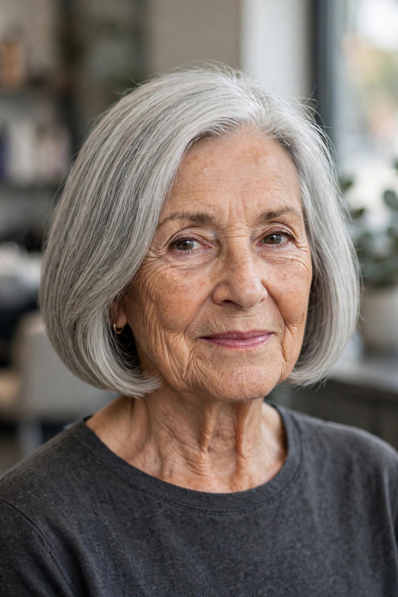 Polished Silver Gray Chin-Length Bob on a woman over 60 - chin length bob haircut