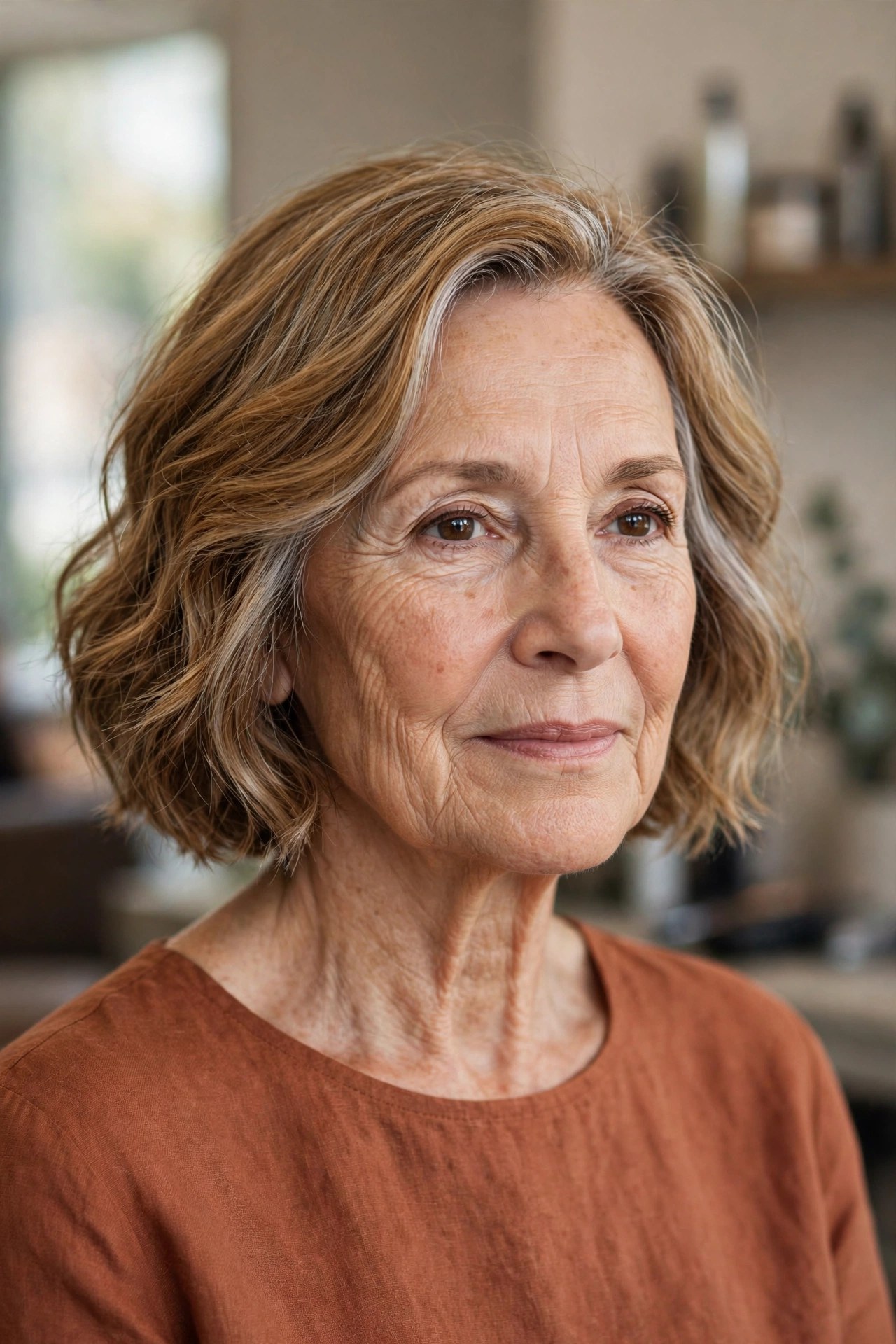 Wavy Chin-Length Bob with Soft Texture on a woman over 60 - chin length bob haircut