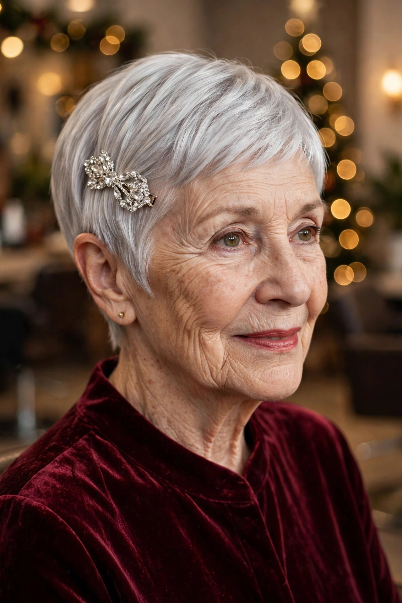 Glossy Silver Pixie With a Jeweled Clip - Christmas party hairstyle for women over 60 with short hair