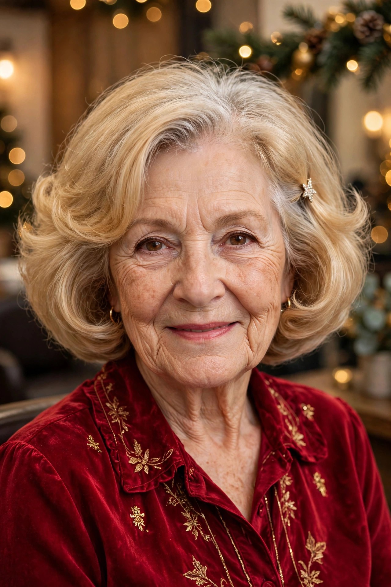 Fluffy Blowout Bob With a Sparkle Pin - Christmas party hairstyle for women over 60 with short hair