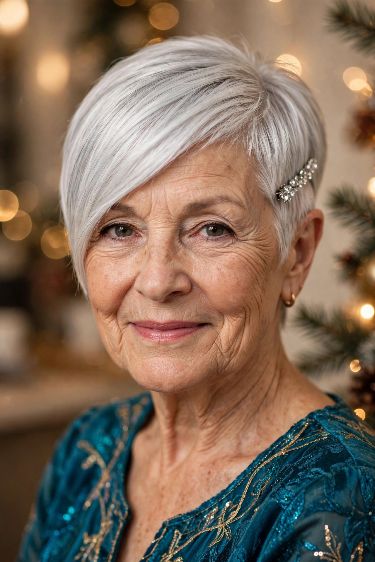Asymmetric Silver Pixie With a Crystal Clip - Christmas party hairstyle for women over 60 with short hair
