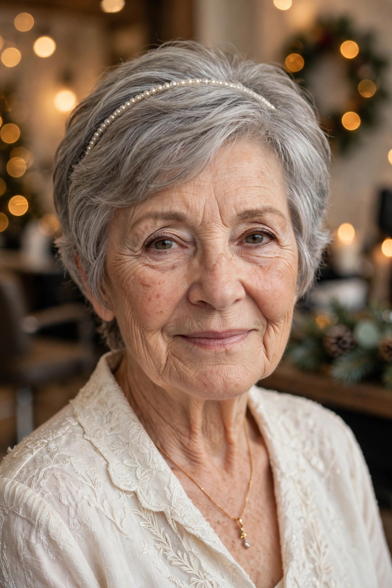 Layered Crop With a Pearl Headband - Christmas party hairstyle for women over 60 with short hair