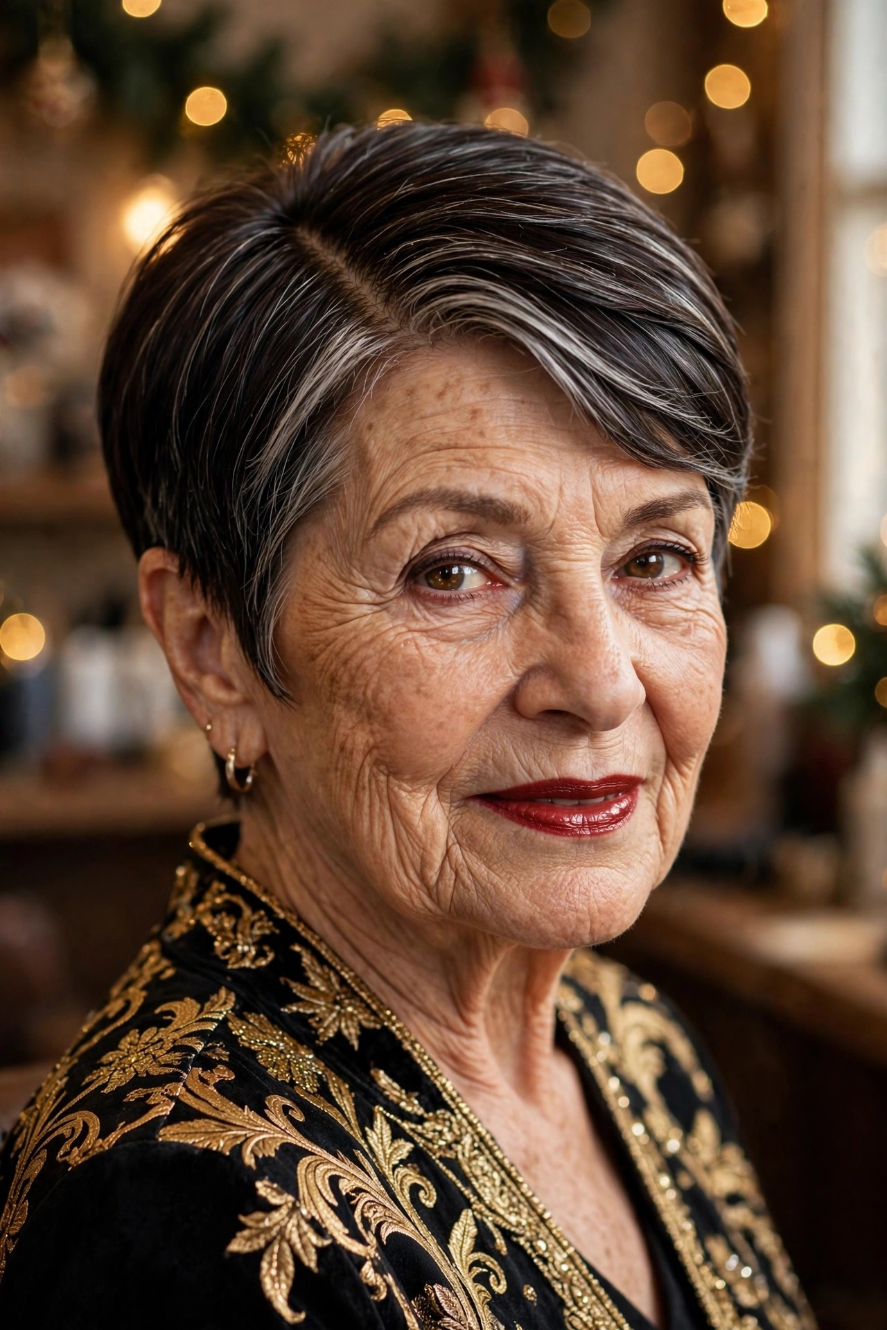 Sleek Deep-Part Pixie With a Red Lip Pairing - Christmas party hairstyle for women over 60 with short hair