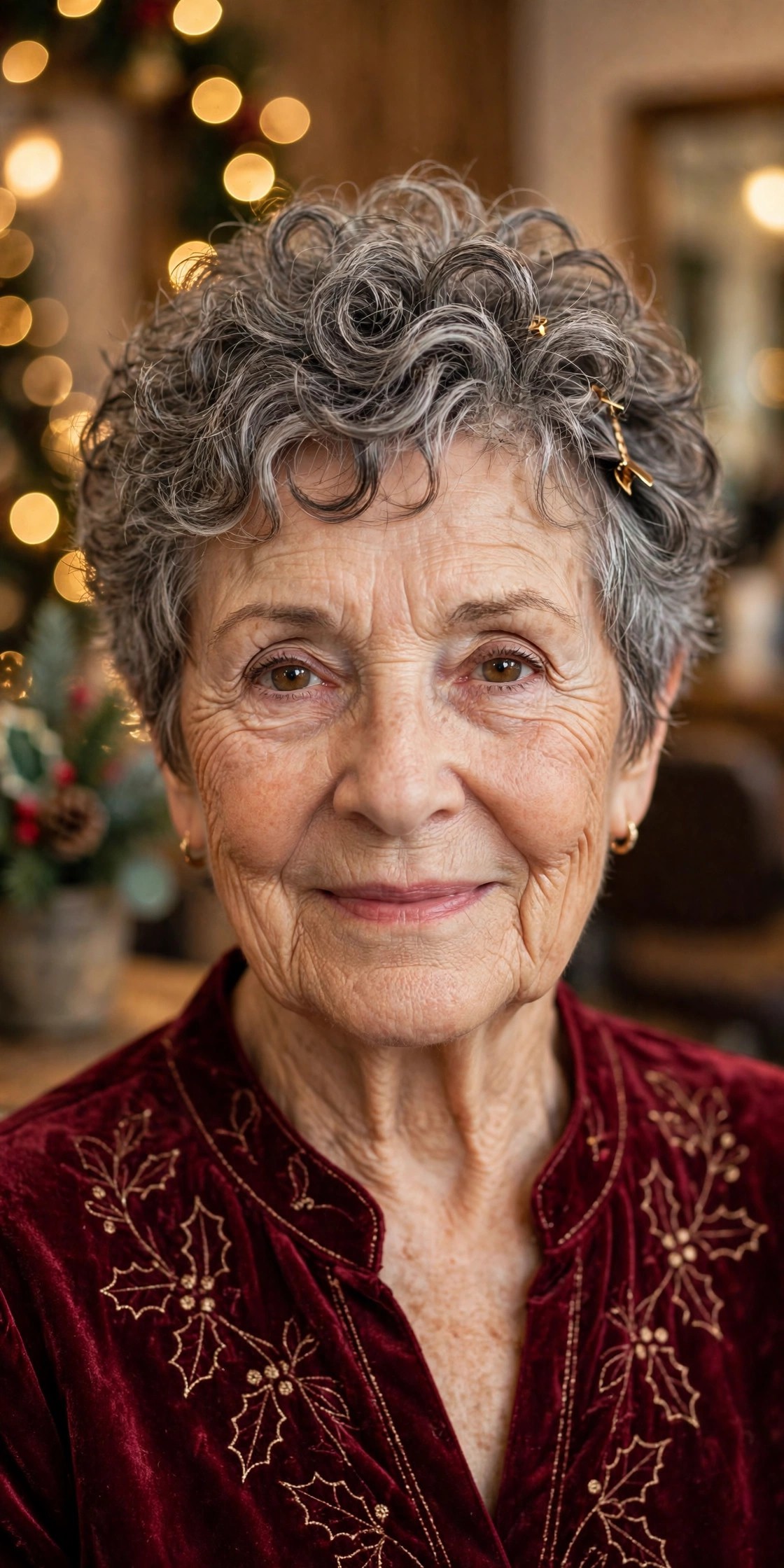 Tousled Short Curls With Gold Clips - Christmas party hairstyle for women over 60 with short hair