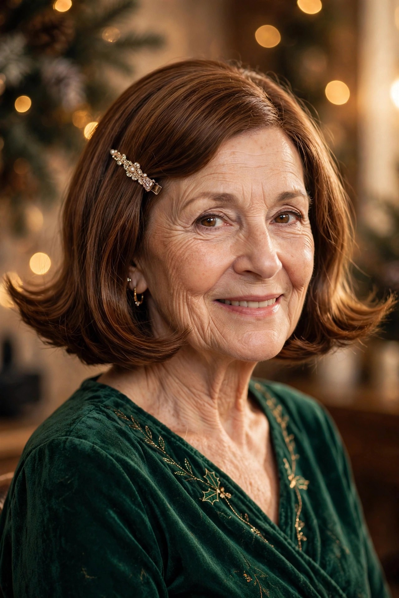 Flipped-Ends Bob With a Jeweled Slide - Christmas party hairstyle for women over 60 with short hair