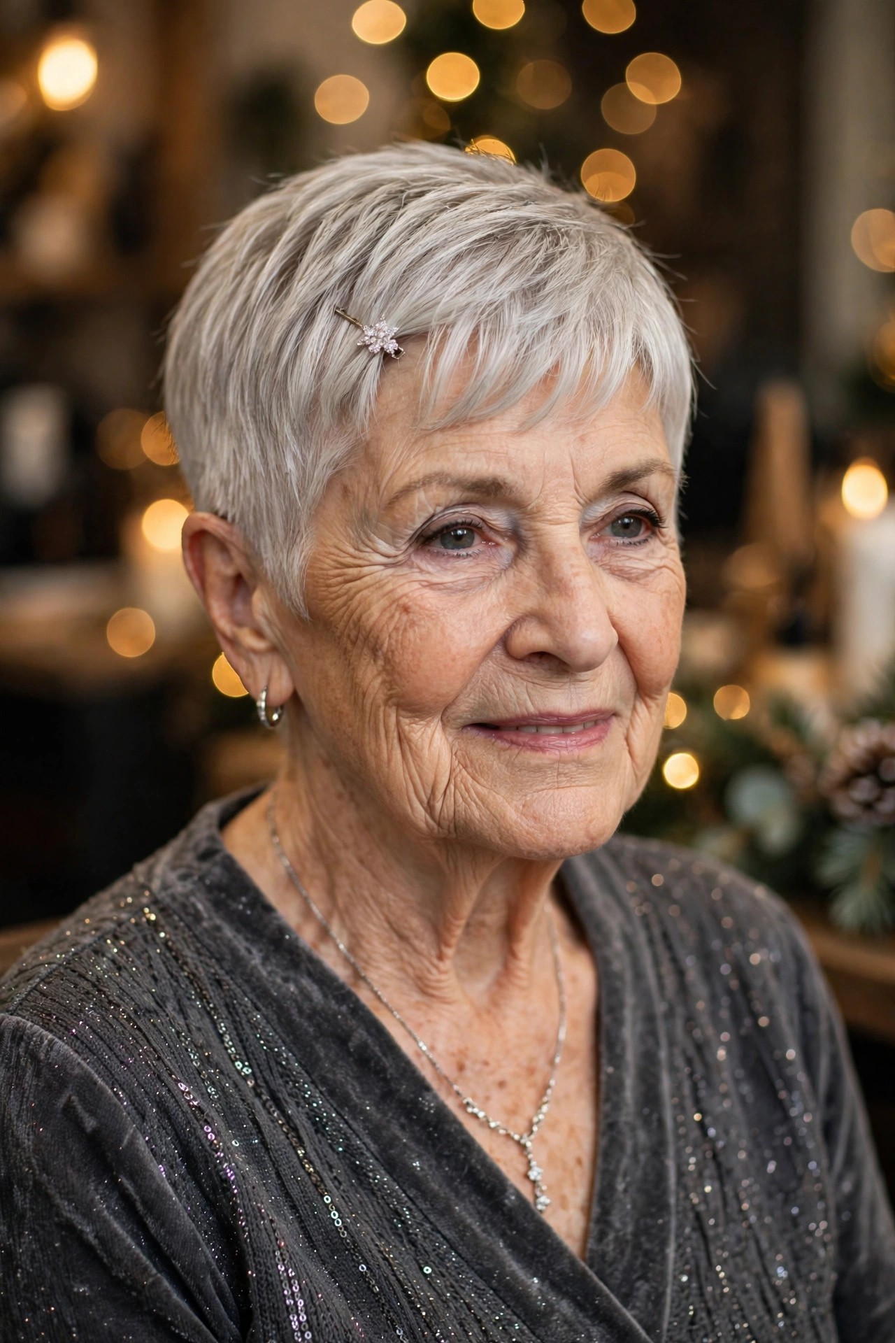Feathered Silver Crop With a Diamante Pin - Christmas party hairstyle for women over 60 with short hair