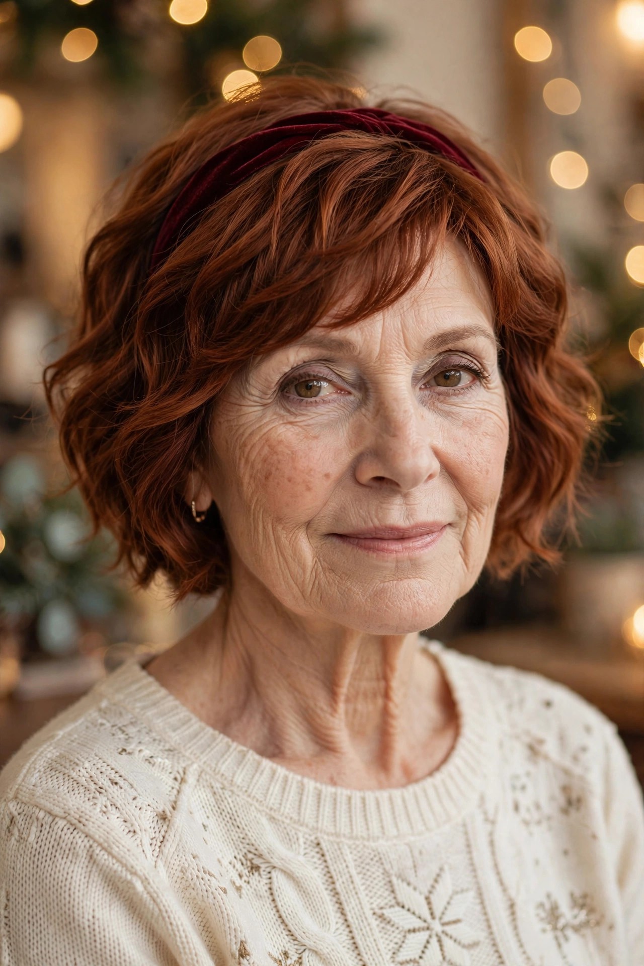 Wavy Pixie-Bob With a Burgundy Velvet Headband - Christmas party hairstyle for women over 60 with short hair