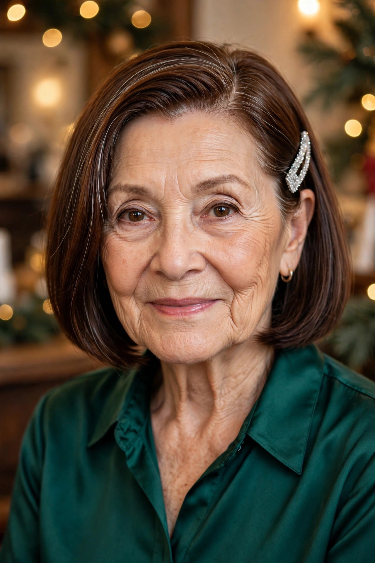 Sleek Chin-Length Bob With a Sparkle Barrette - Christmas party hairstyle for women over 60 with short hair