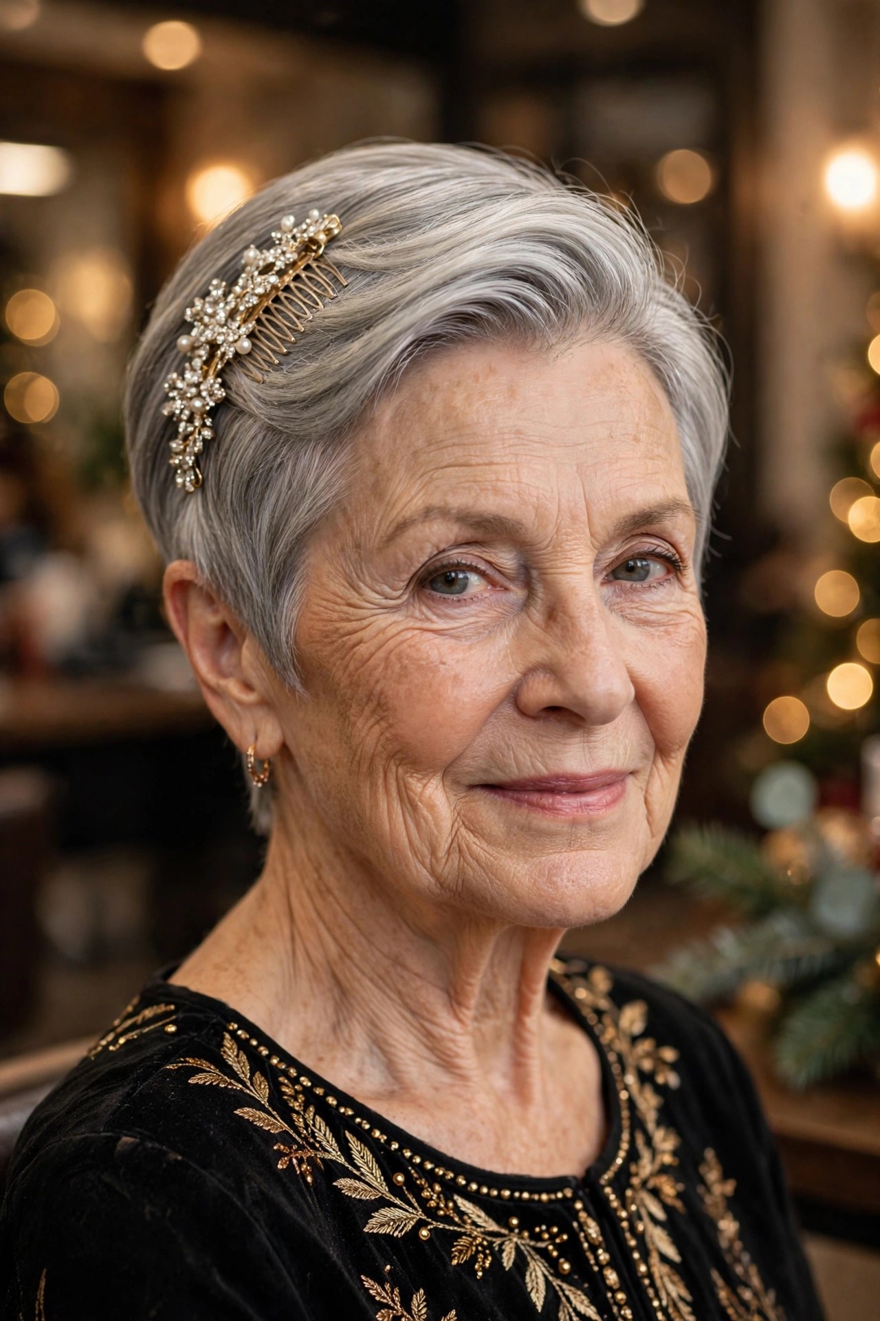 Swept-Back Tapered Pixie With a Jeweled Comb - Christmas party hairstyle for women over 60 with short hair