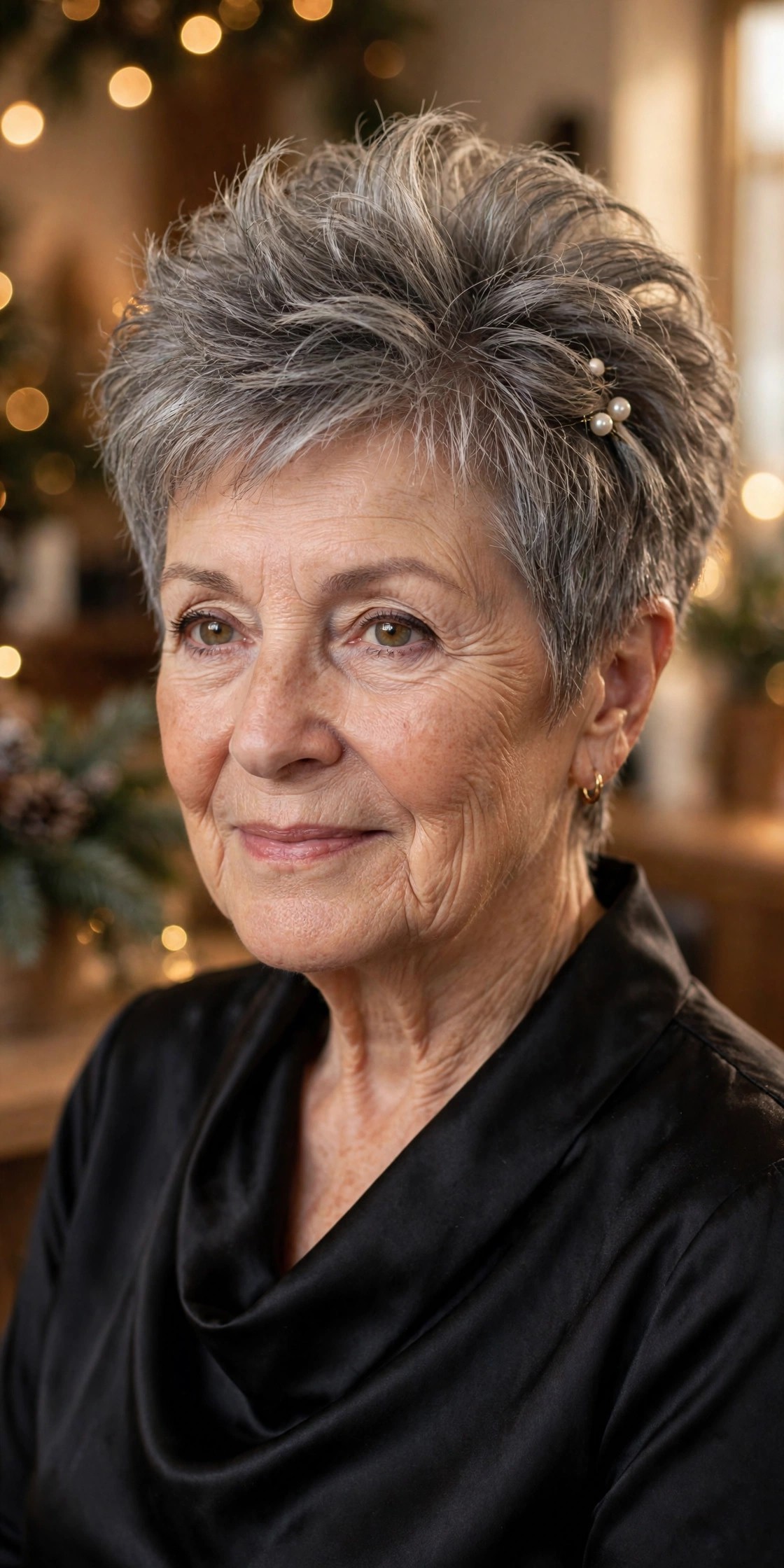 Voluminous Pixie With Pearl Pins - Christmas party hairstyle for women over 60 with short hair