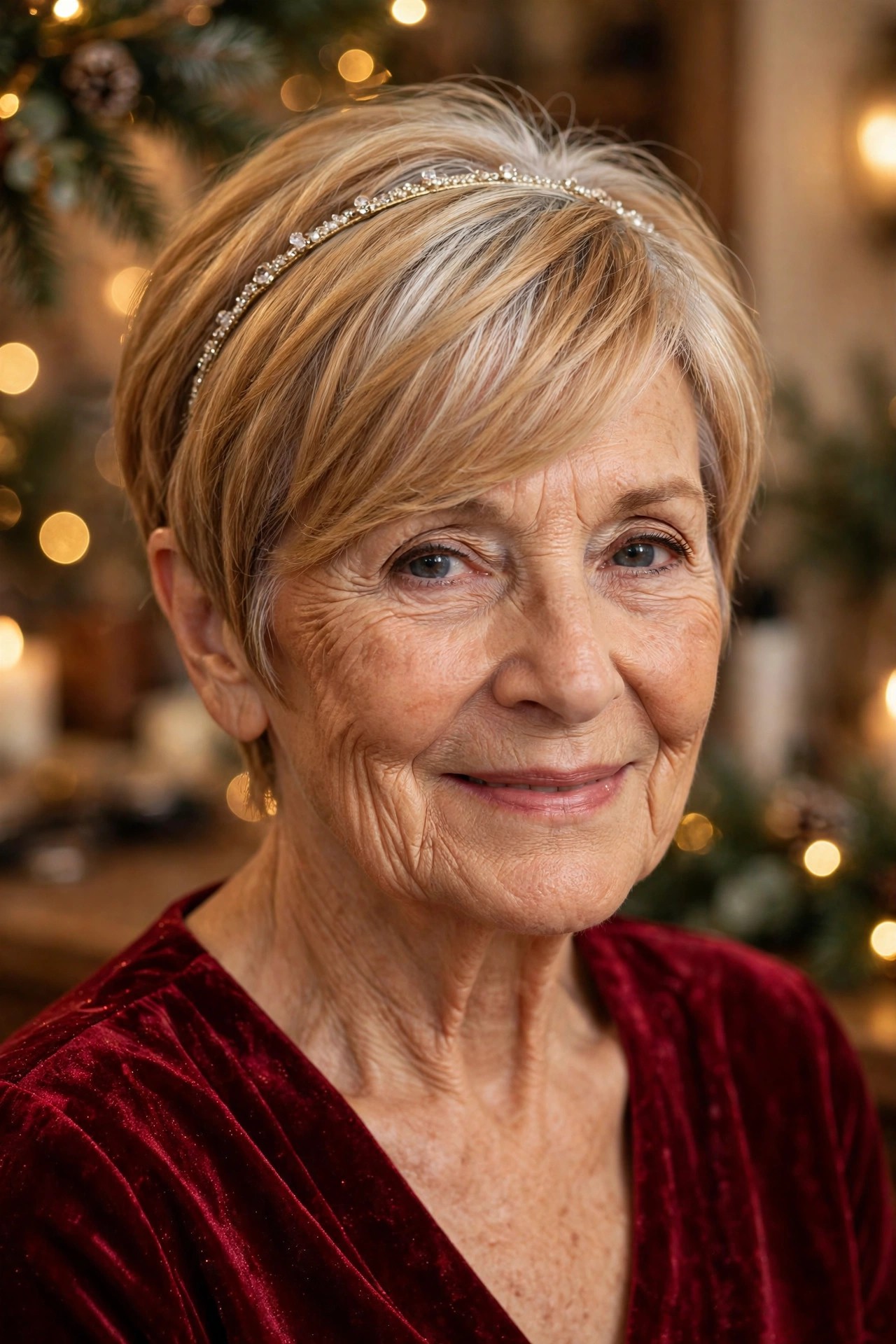 Side-Swept Pixie With a Slim Crystal Headband - Christmas party hairstyle for women over 60 with short hair