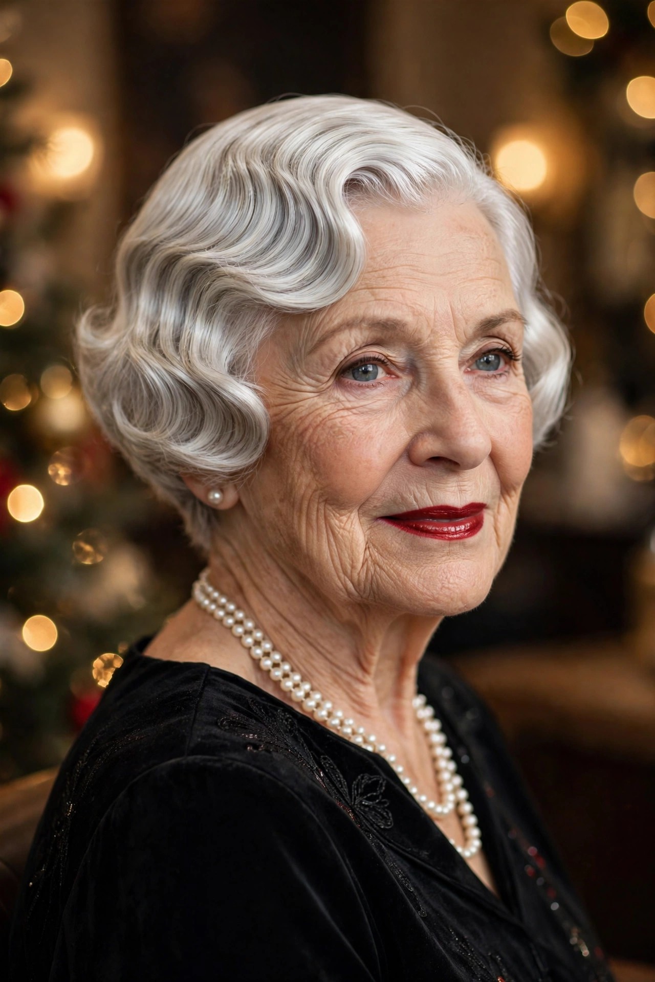 Silver Finger Waves With a Deep Red Lip - Christmas party hairstyle for women over 60 with short hair