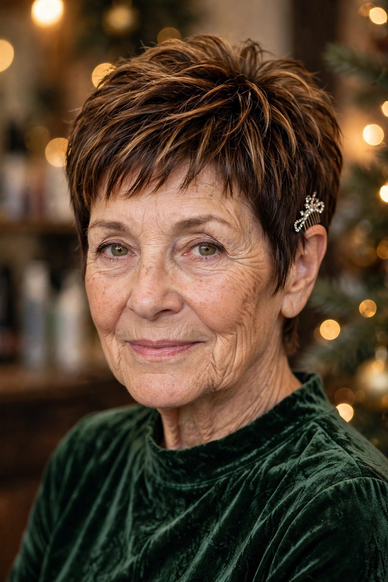 Textured Pixie Dressed Up With a Rhinestone Comb - Christmas party hairstyle for women over 60 with short hair