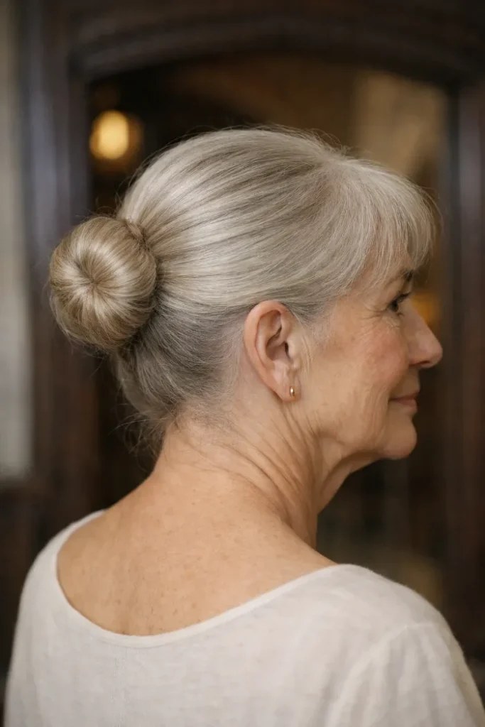 Woman over 70 with smooth Low Bun — Neat from Behind — church and Sunday hairstyle for women over 70