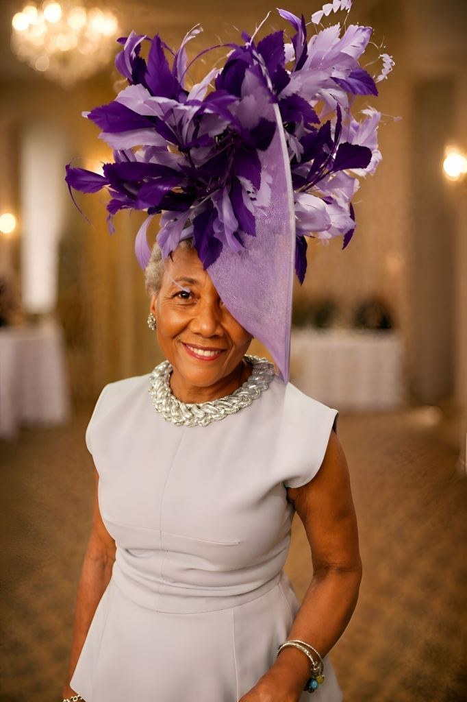 Woman over 70 with purple Fascinator for a Festive Service — church and Sunday hairstyle for women over 70