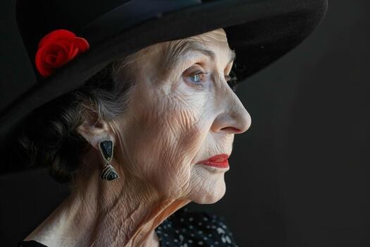 Woman over 70 with black Hat with a Rose Accent — church and Sunday hairstyle for women over 70